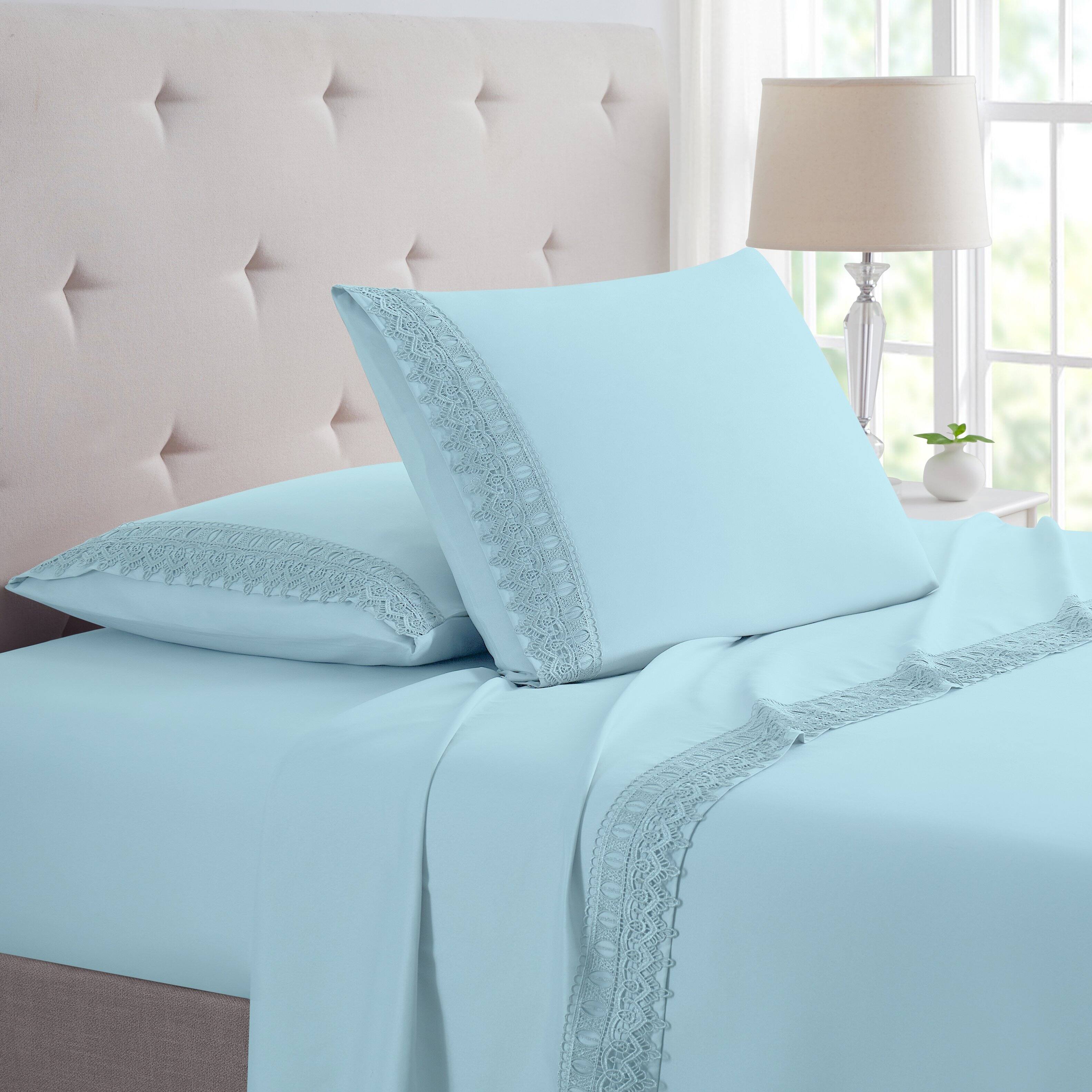 Bamboo Comfort - Bamboo 1800 Thread Count Lace Crochet Embroidery 4 Piece Sheet Set - Aqua