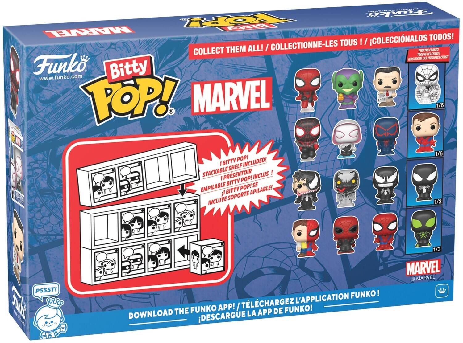 WRT: "Funko Bitty POP! MARVEL: Collect them all! / Collectionne-les tous! / Coleccionalos todos! / Find the chases! / Tórrve las versiones chase. Funko Bitty Pop! 1/6, 1/3, 1/3. Shelf included! / Soporte incluido! 1 Pop! Bitty se empilable / Bitfy Pop! apilable. PSSST! Download the Funko app! / Téléchargez l'application Funko! / Descargue la app de Funko! www.funko.com"