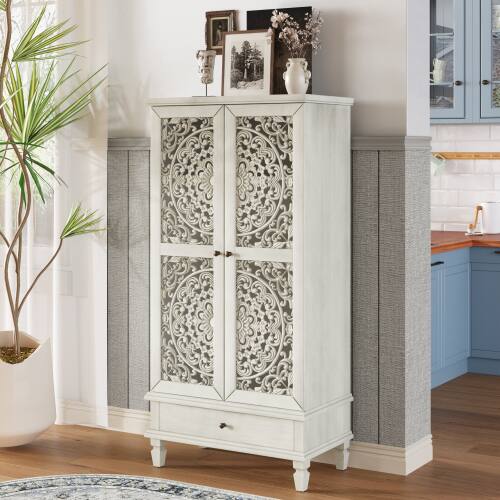 Left. LUCKY ONE - 55in Freestanding Tall Storage Cabinet with Drawer Carved Doors Solid Wood Legs for Living Room Hallway - Antique grey white.