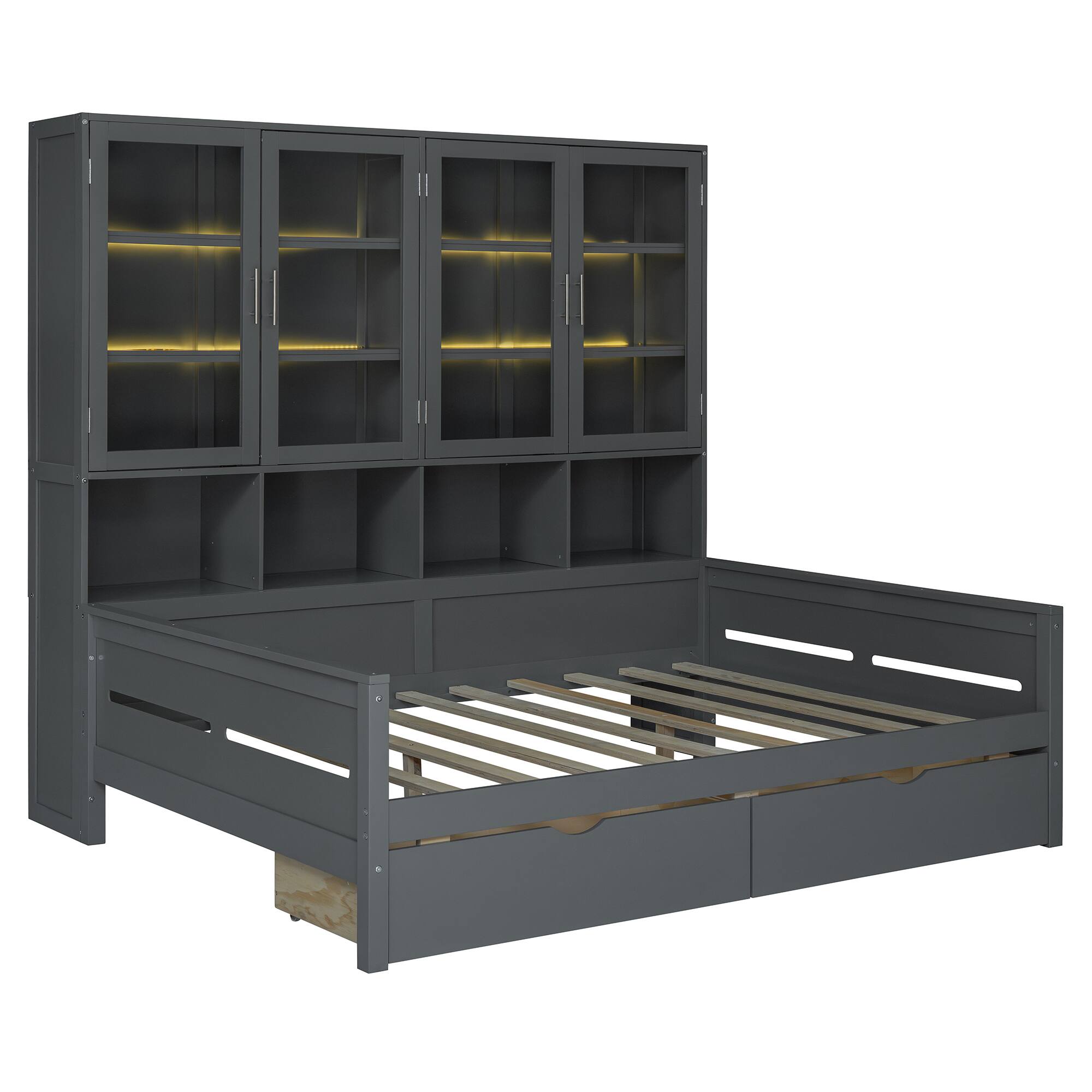 Alt View 6. Tiramisubest - Full Size Wooden Daybed with Glass-Door Storage Cabinets, Built-in LED Lighting and Shelves, Gray - Gray.