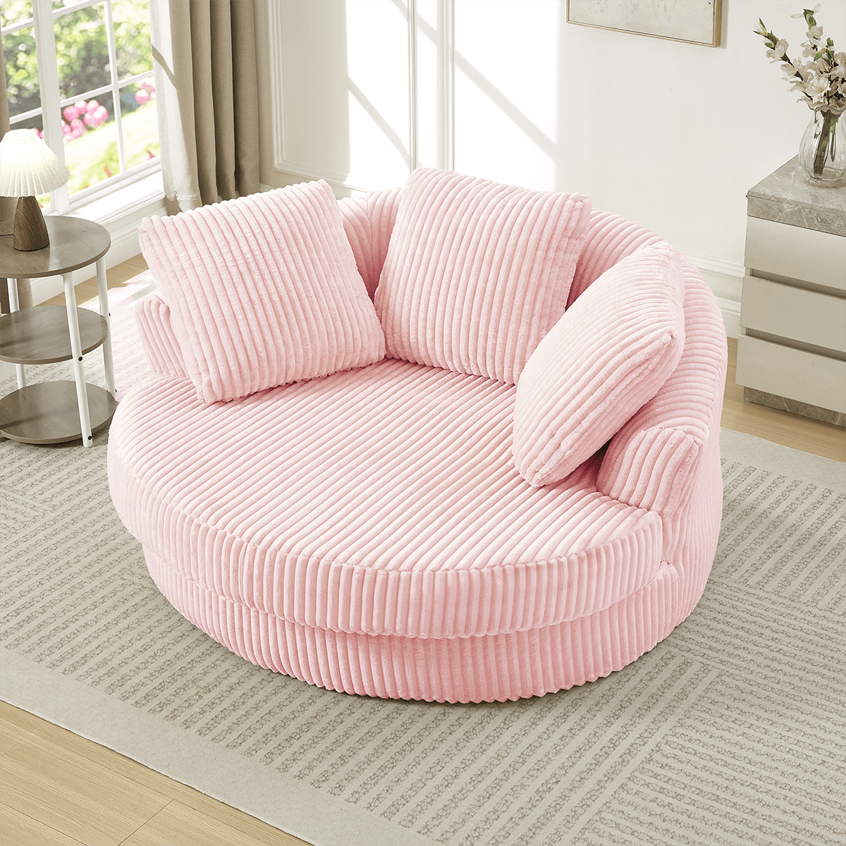 Left. Trinkets Crazed - 60-Inch Oversized Round Chaise Longue Chair Indoor,Modern Upholstered Corduroy Deep Seat Single Cloud Floor Sofa Chair - Pink.