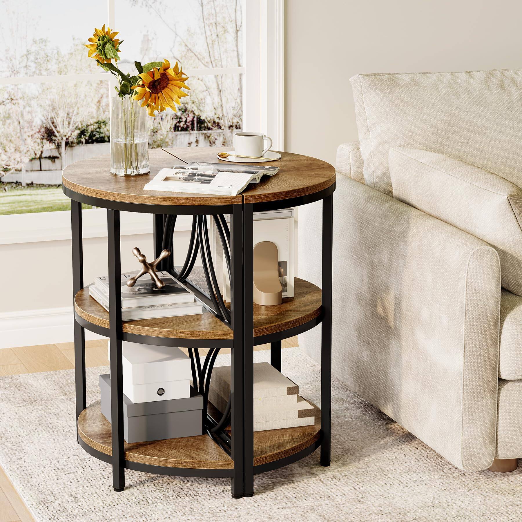 Left. Tribesigns - LITTLE TREE Half Round End Table, 3-Tier Narrow Side Table (Oak Color) - Oak Color.