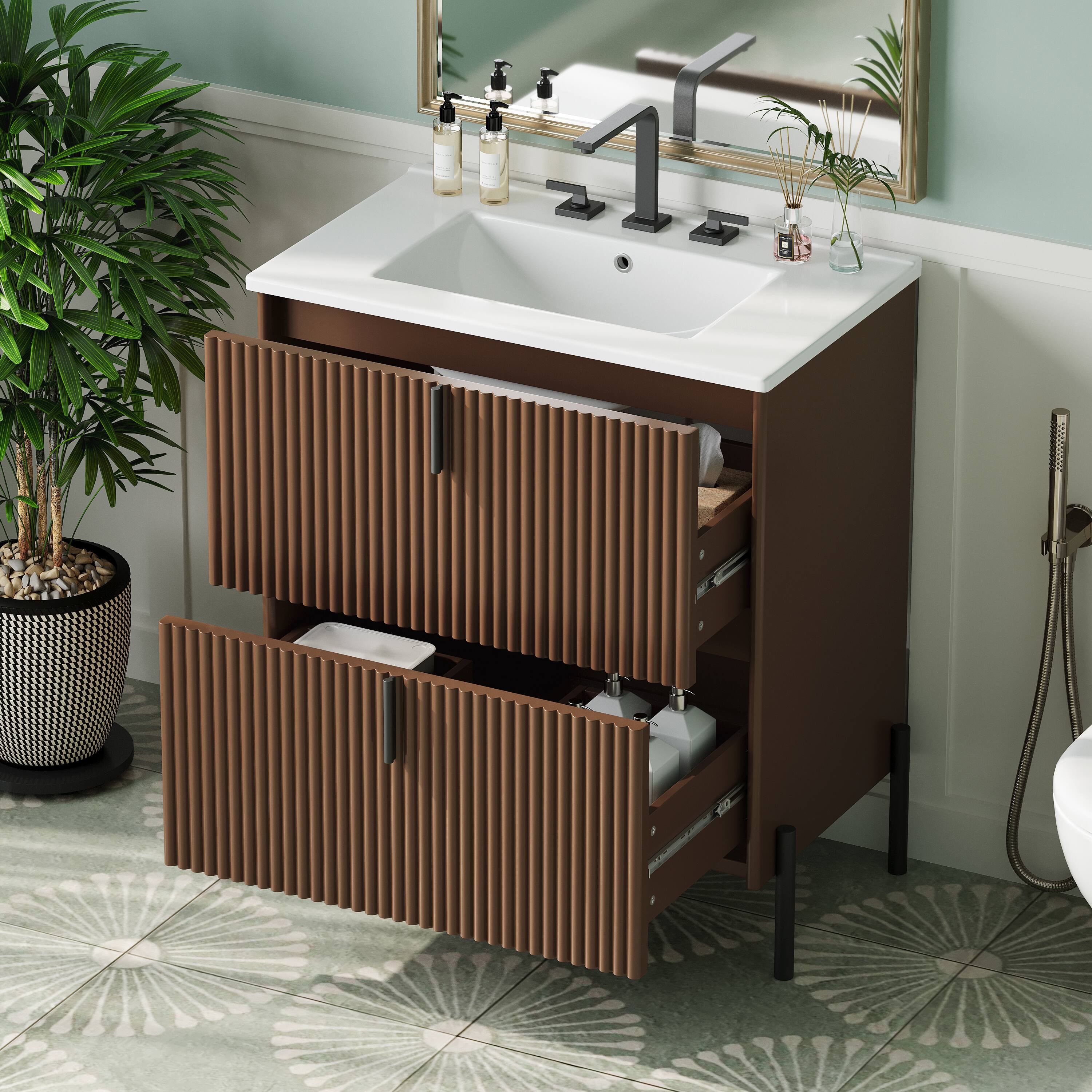 Alt View 1. Loheer - 2.5 ft Bathroom Vanity with Ceramic Sink and Soft-Close Drawer - Dark Brown.