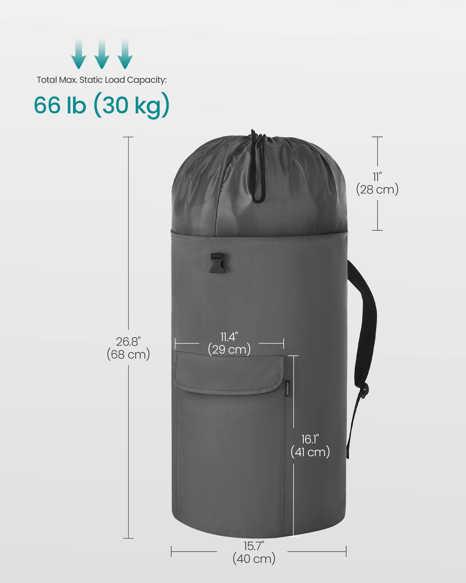 Total Max. Static Load Capacity: 66 lb (30 kg)  
11" (28 cm)  
26.8" (68 cm)  
11.4" (29 cm)  
16.1" (41 cm)  
15.7" (40 cm)