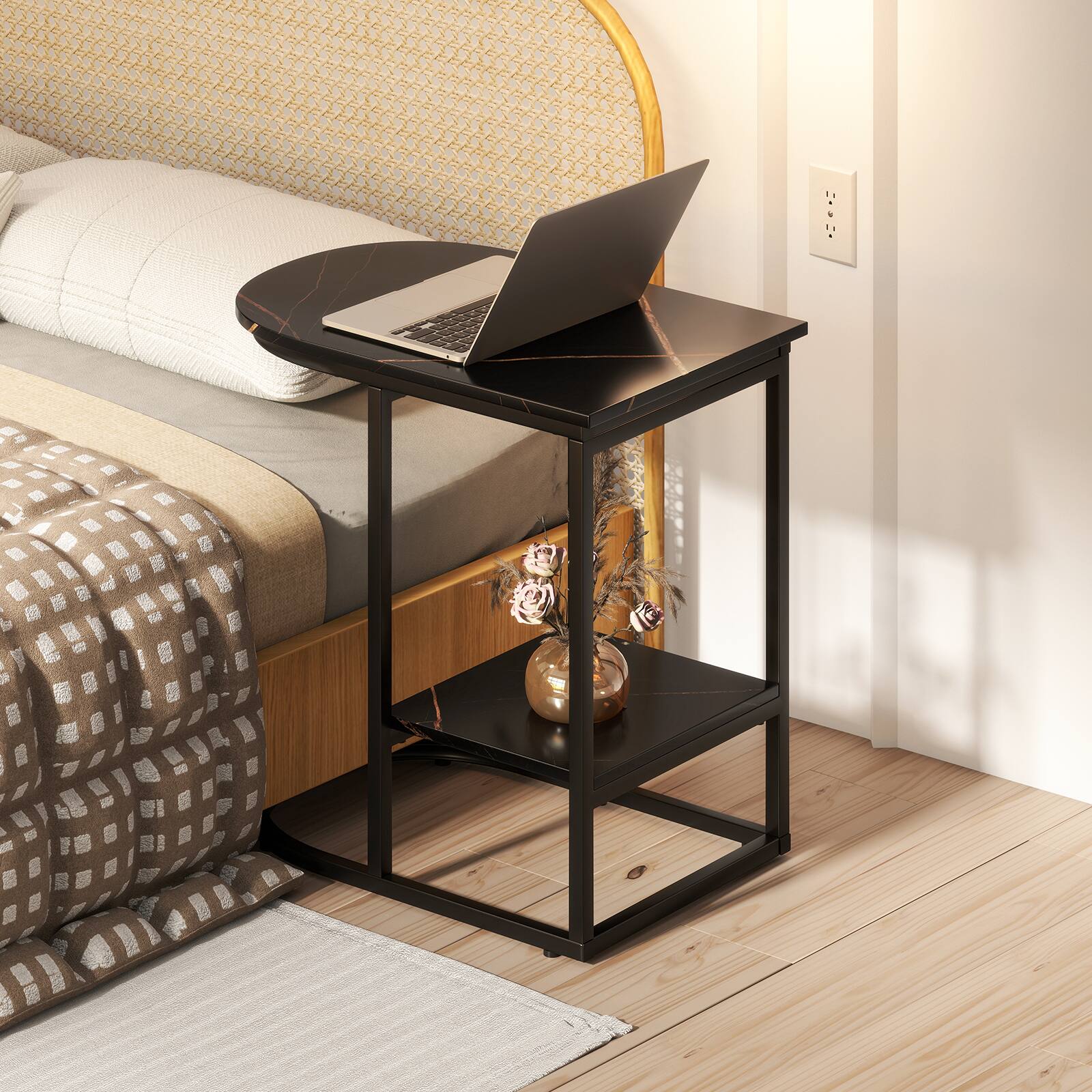 Alt View 4. Costway - Costway C-shaped End Table Modern Sofa Side Table w/ Faux Marble Tabletop & Storage Shelf - Black.