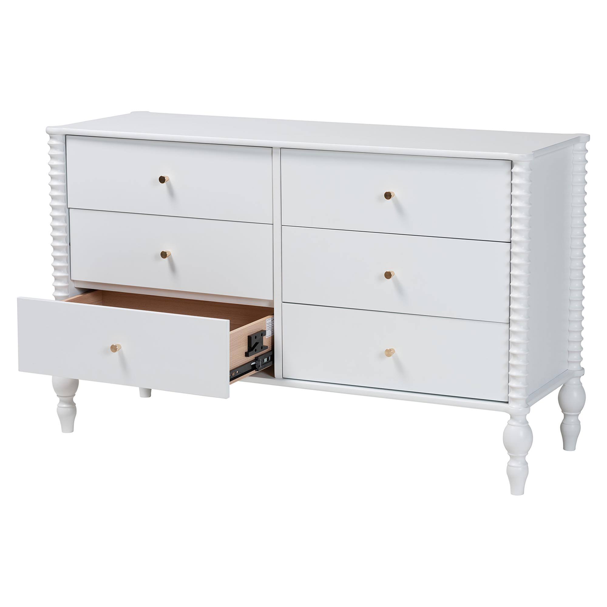 Angle. Baxton Studio - Callison Spindle Dresser - 6-Drawer Farmhouse Horizontal Cabinet with Turned Accents for Bedroom, - White.