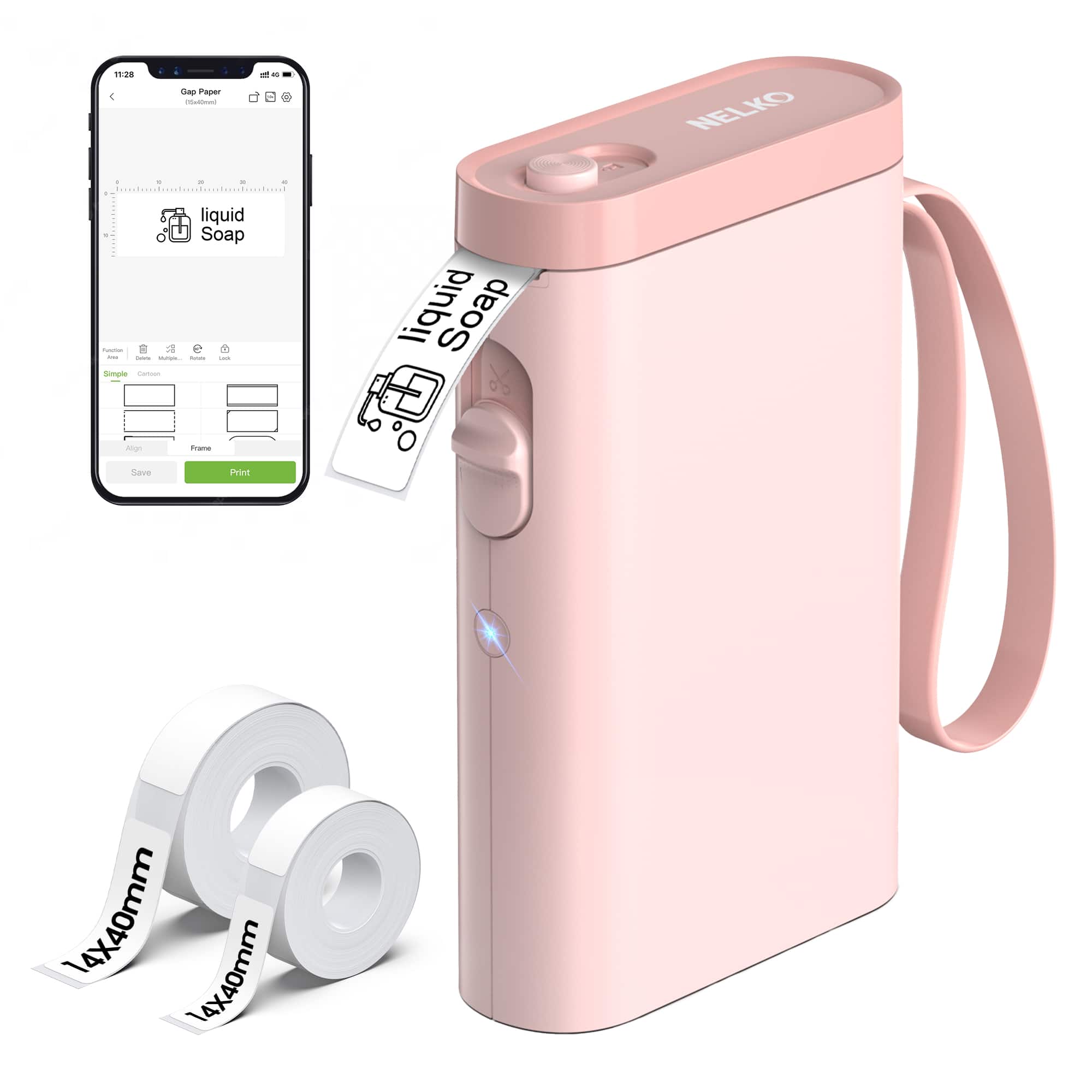 Nelko - P21 Bluetooth Thermal Label Printer + 14*40 100pcs roll + 14*40 180pcs roll - Pink