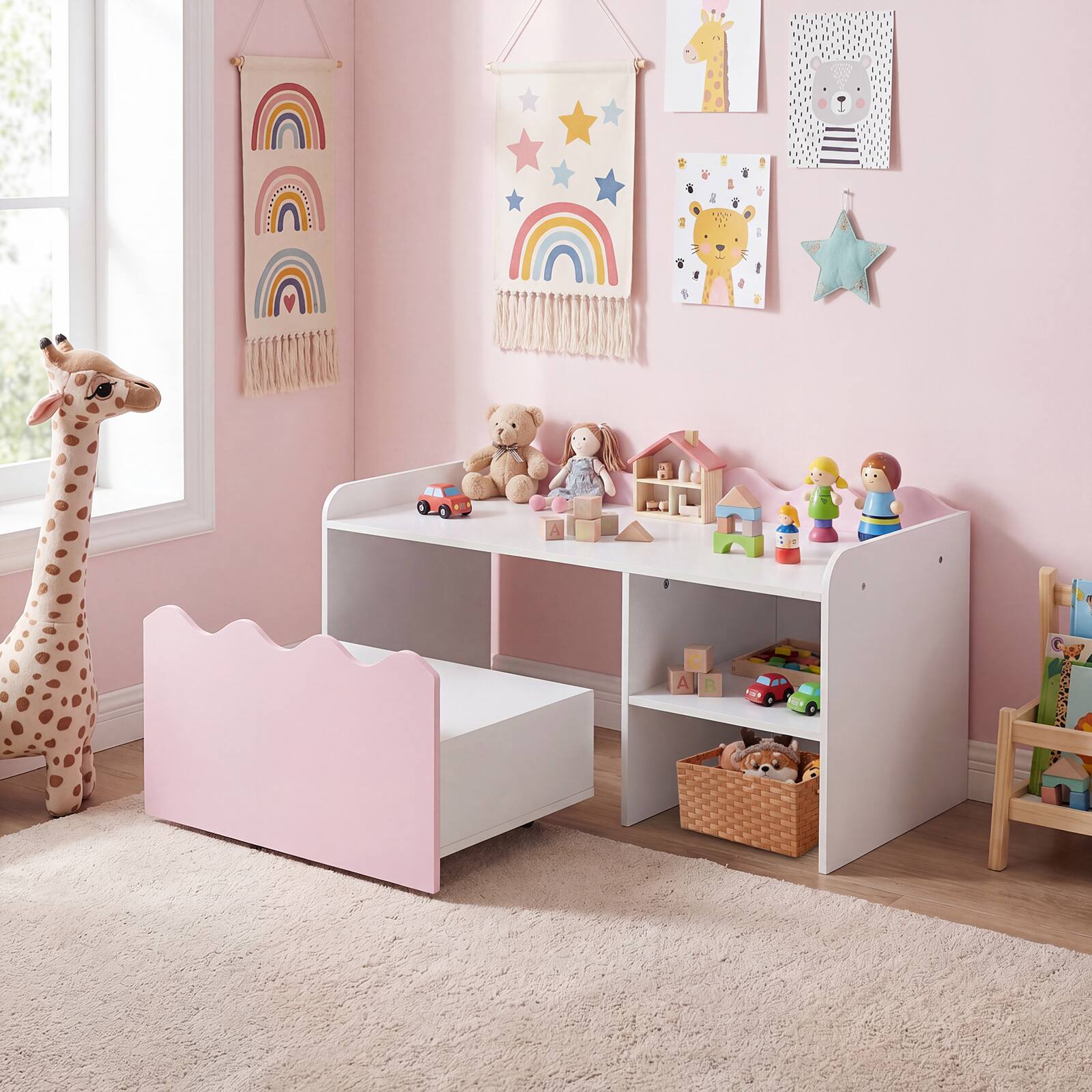 Alt View 1. Costway - Costway Kids Bookshelf & Toy Storage Organizer,Wooden Toddler Book Rack with Movable Drawer - Pink + White.
