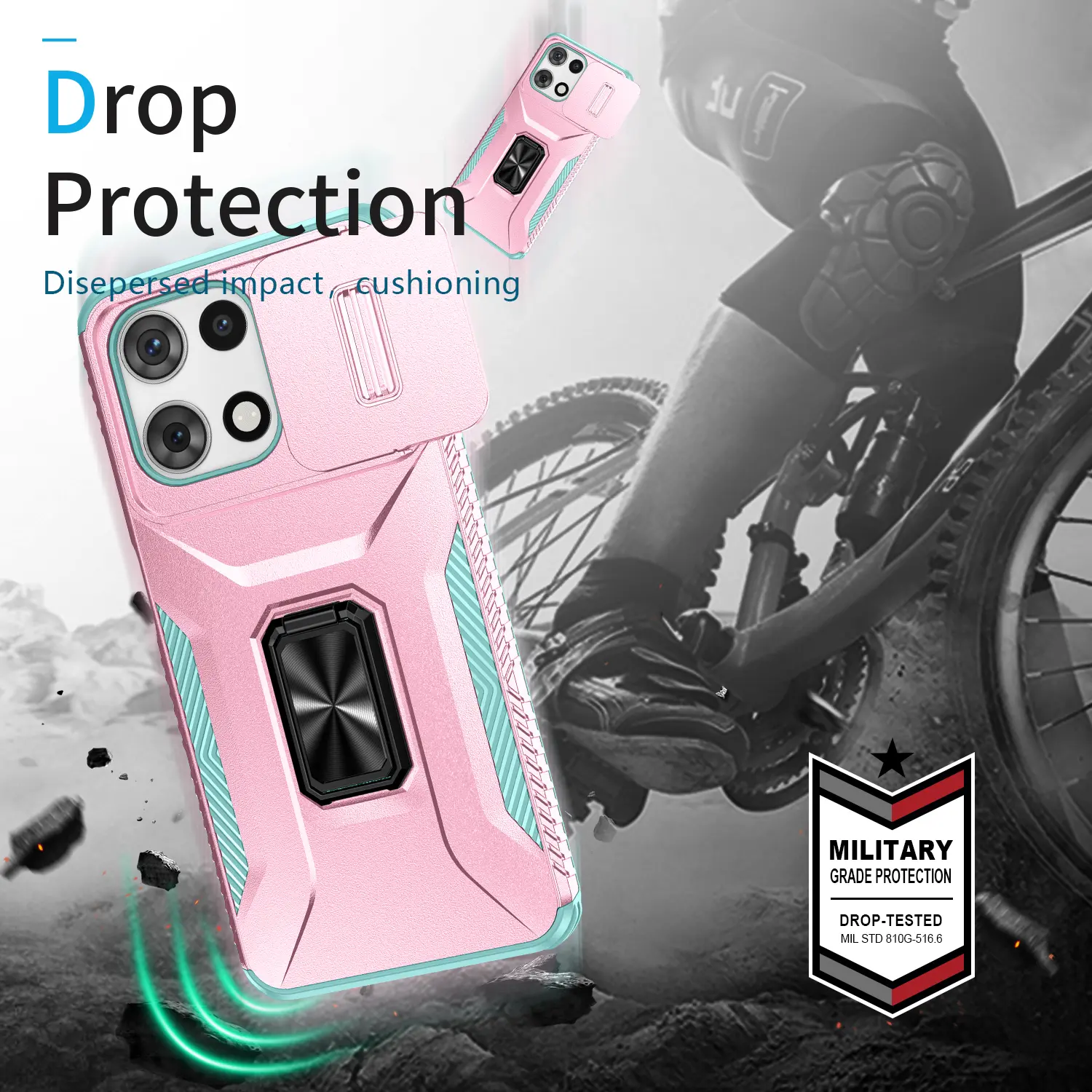 - Drop Protection Dispersed impact, cushioning
14
MILITARY GRADE PROTECTION
DROP-TESTED MIL STD 810G-516.6