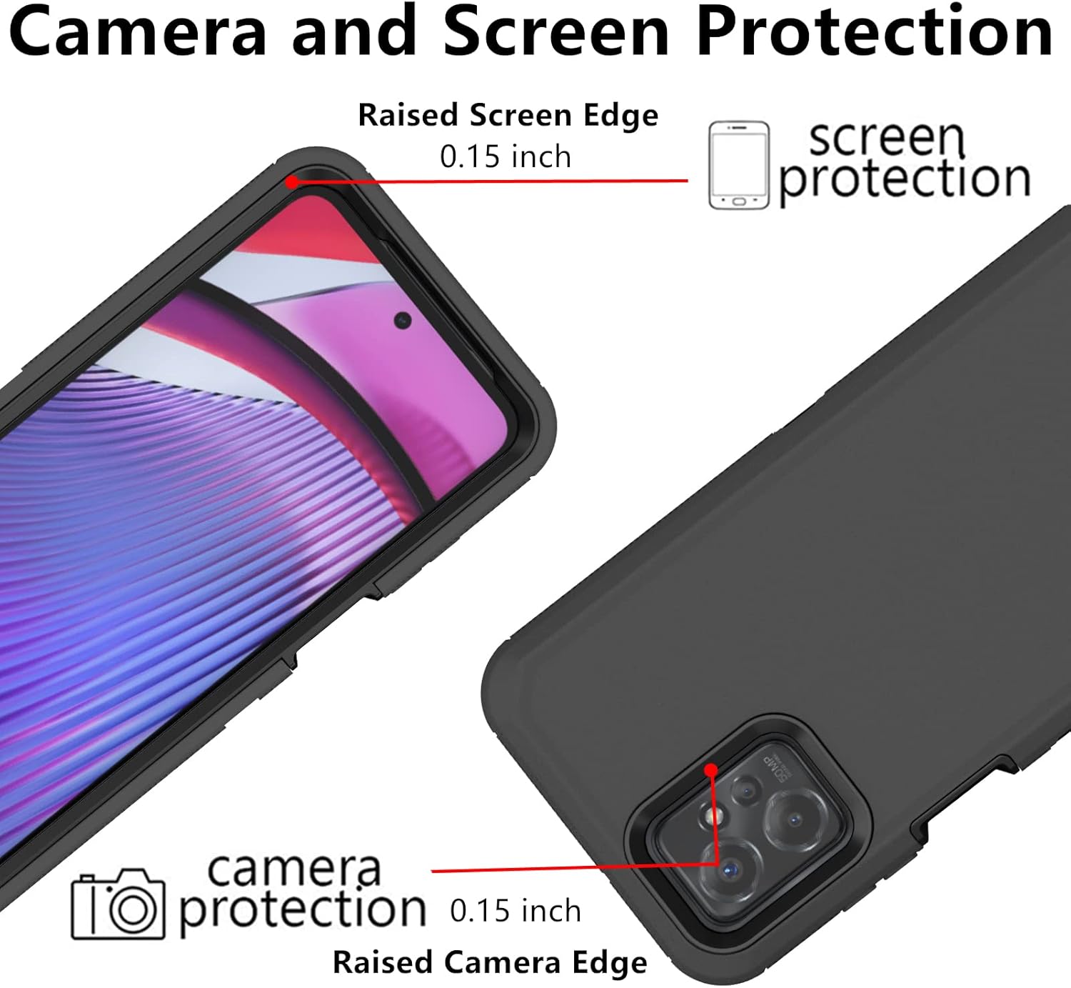 Camera and Screen Protection
Raised Screen Edge 0.15 inch screen protection
Raised Camera Edge 0.15 inch camera protection