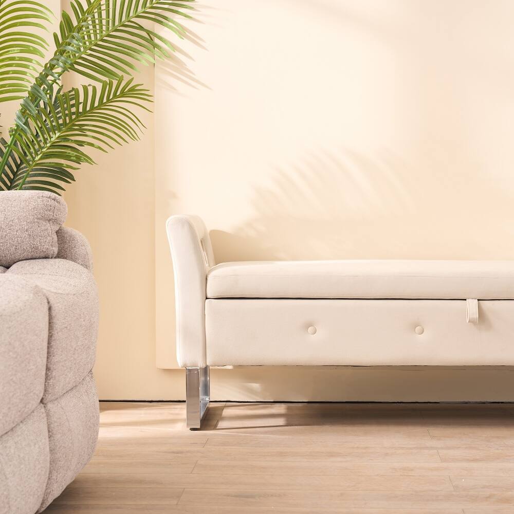 Alt View 1. Ropilly - Ropilly 68" Beige Velvet Storage Bench with Armrests, End of Bed Bedroom Bench, Entryway Shoe Bench with Hidden Storage - Beige.