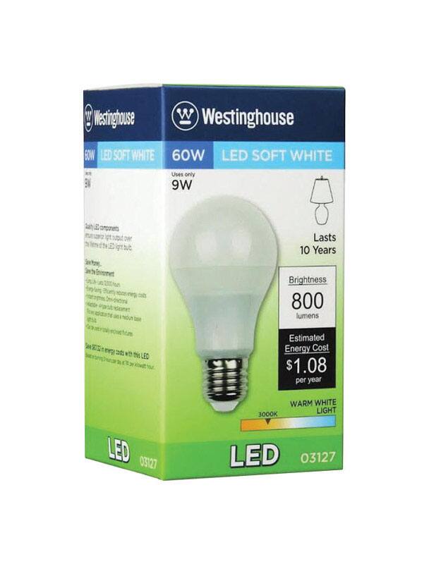Westinghouse LED Soft White 60W  
Uses only 9W  
Lasts 10 Years  
Brightness: 800 lumens  
Estimated Energy Cost: $1.08 per year  
Warm White Light 3000K  
LED 03127
