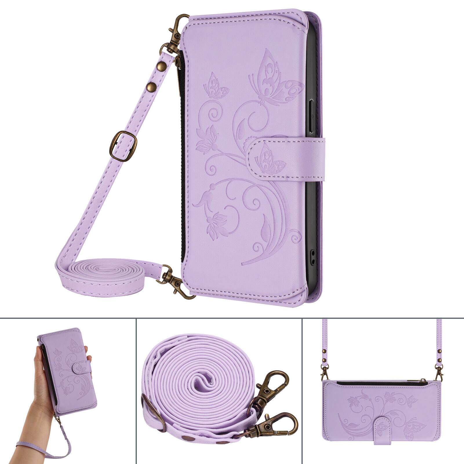 Alt View 4. Dteck - Crossbody Wallet Case for Samsung Galaxy S25 Edge,Embossed Butterfly Flower Folio Cover with Zipper Pocket+Strap - Purple.