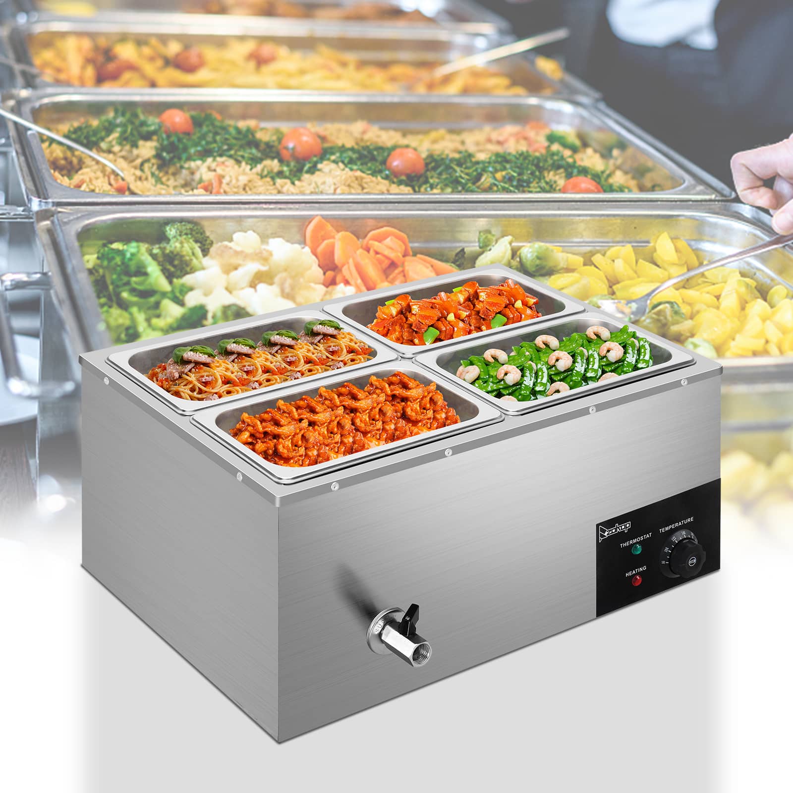 Winado - 21QT 4 Pan Commercial Food Warmer 5.3QT/Pan Electric Steam Table Stainless Steel Buffet Bain Marie for Parties, Catering - Silver