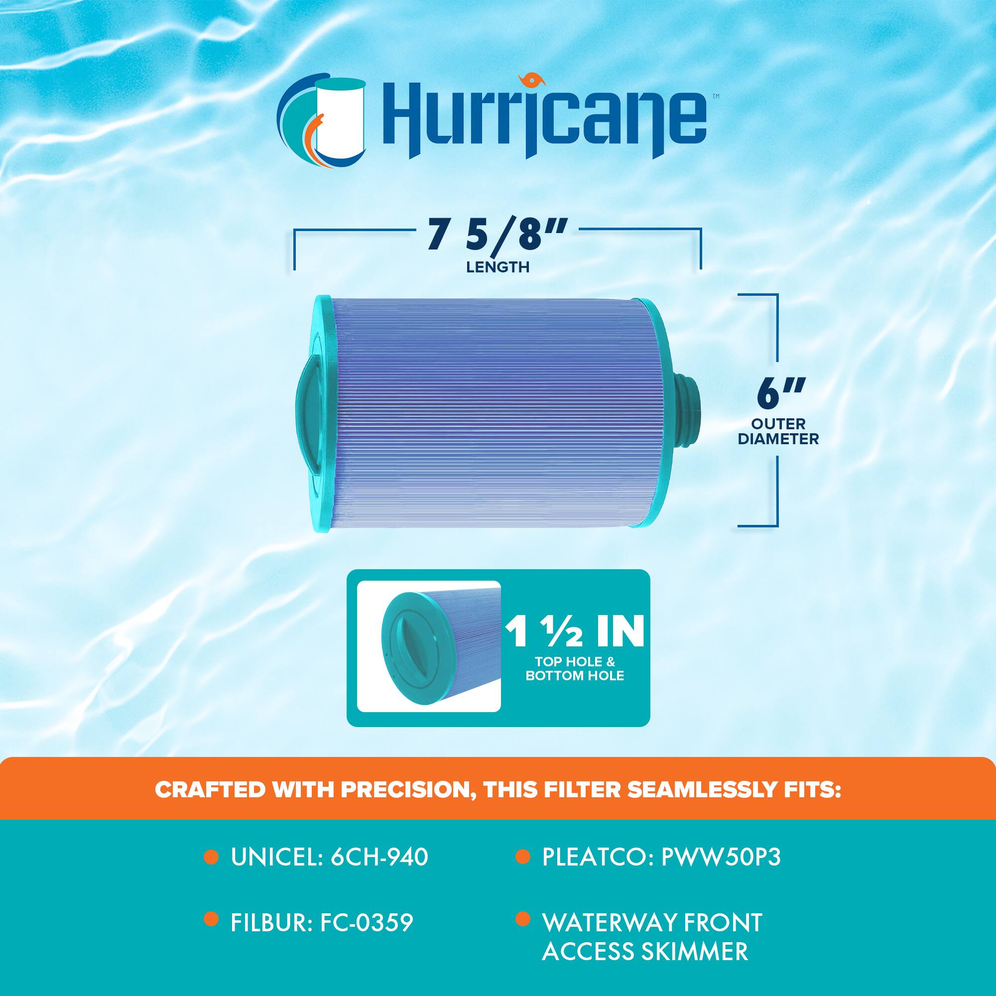 Hurricane

7 5/8" LENGTH  
6" OUTER DIAMETER  
1 1/2 IN TOP HOLE & BOTTOM HOLE

CRAFTED WITH PRECISION, THIS FILTER SEAMLESSLY FITS:

- UNICEL: 6CH-940
- FILBUR: FC-0359
- PLEATCO: PWW50P3
- WATERWAY FRONT ACCESS SKIMMER