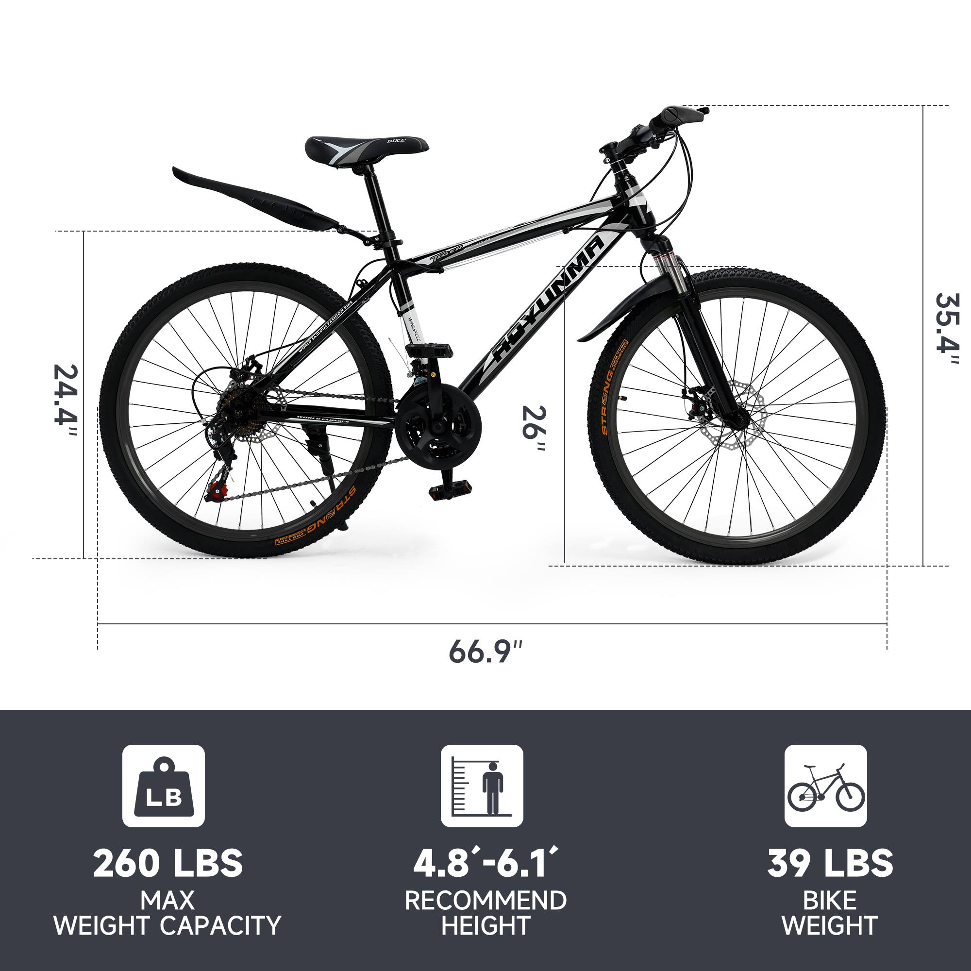 24.4" NDLS SUPC AUYUNMA UNMA I 26" IEDNOELE 35.4" 66.9" LB 260 LBS MAX WEIGHT CAPACITY 4.8'-6.1' RECOMMEND HEIGHT 39 LBS BIKE WEIGHT

Corrected:
- 24.4" Front Wheel
- 26" Rear Wheel
- 35.4" Standover Height
- 66.9" Overall Length
- 260 LBS Max Weight Capacity
- 4.8'-6.1' Recommended Rider Height
- 39 LBS Bike Weight