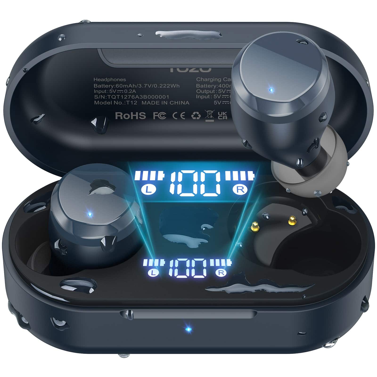 TOZO - T12 Earbuds, Bluetooth 5.3, ENC Mic, 55Hrs, Custom EQ, IPX8, LED, Premium Sound - Blue