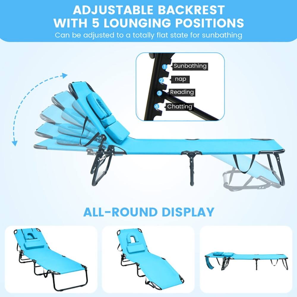 ADJUSTABLE BACKREST WITH 5 LOUNGING POSITIONS  
Can be adjusted to a totally flat state for sunbathing  
1. Sunbathing  
2. Nap  
3. Reading  
4. Chatting  

ALL-ROUND DISPLAY