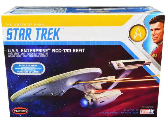 THE WRATH OF KHAN
STAR TREK
U.S.S. ENTERPRISE™ NCC-1701 REFIT
1:1000 scale • SNAP-TOGETHER MODEL KIT
échelle 1:1000 • SNAP-ENSEMBLE MODÈLE
BATTLE DAMAGE DECALS INCLUDED
DÉCALCOMANIES AVEC DOMMAGES DE COMBAT
POLAR LIGHTS
1 PLASTIC KIT
1 MODÈLE RÉDUIT EN PLASTIQUE
Snap it
