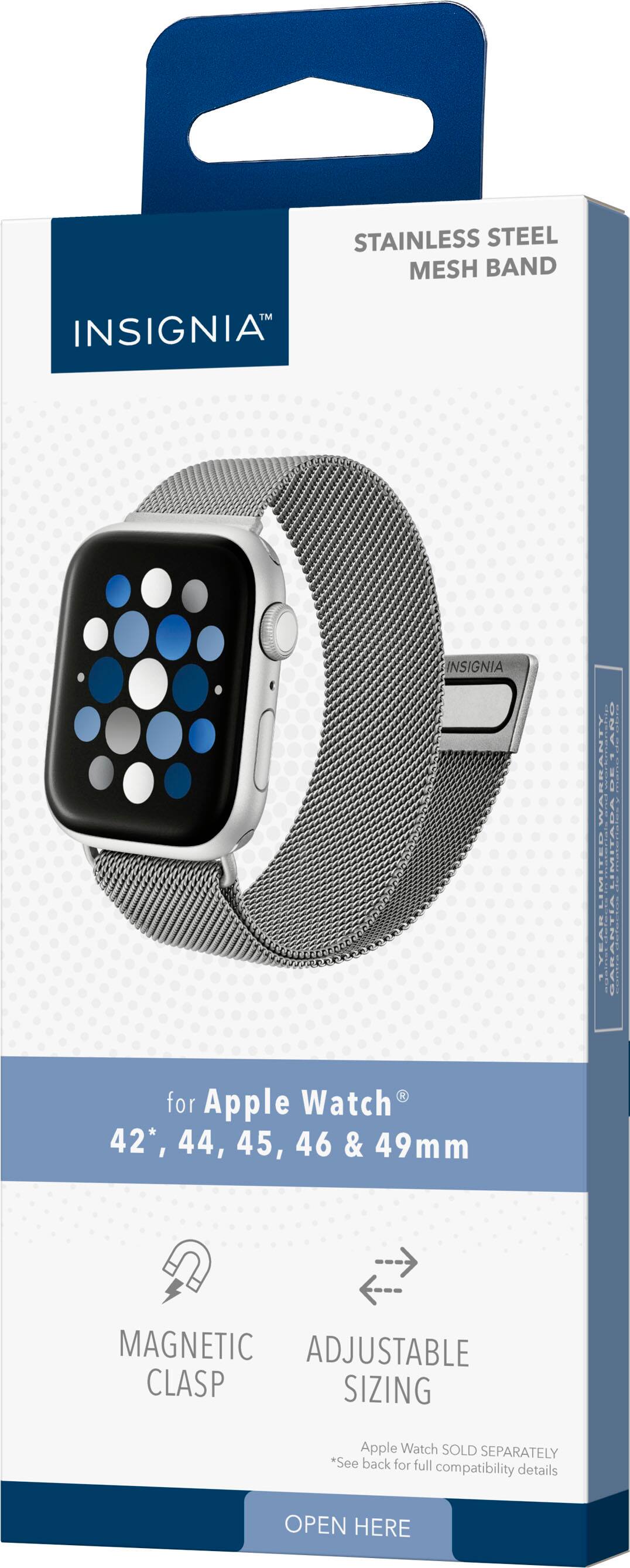 Insignia for Apple Watch 42, 44, 45, 46 & 49mm Stainless Steel Mesh Band Magnetic Adjustable Clasp Sizing Apple Watch Sold Separately *See back for full compatibility details Open Here