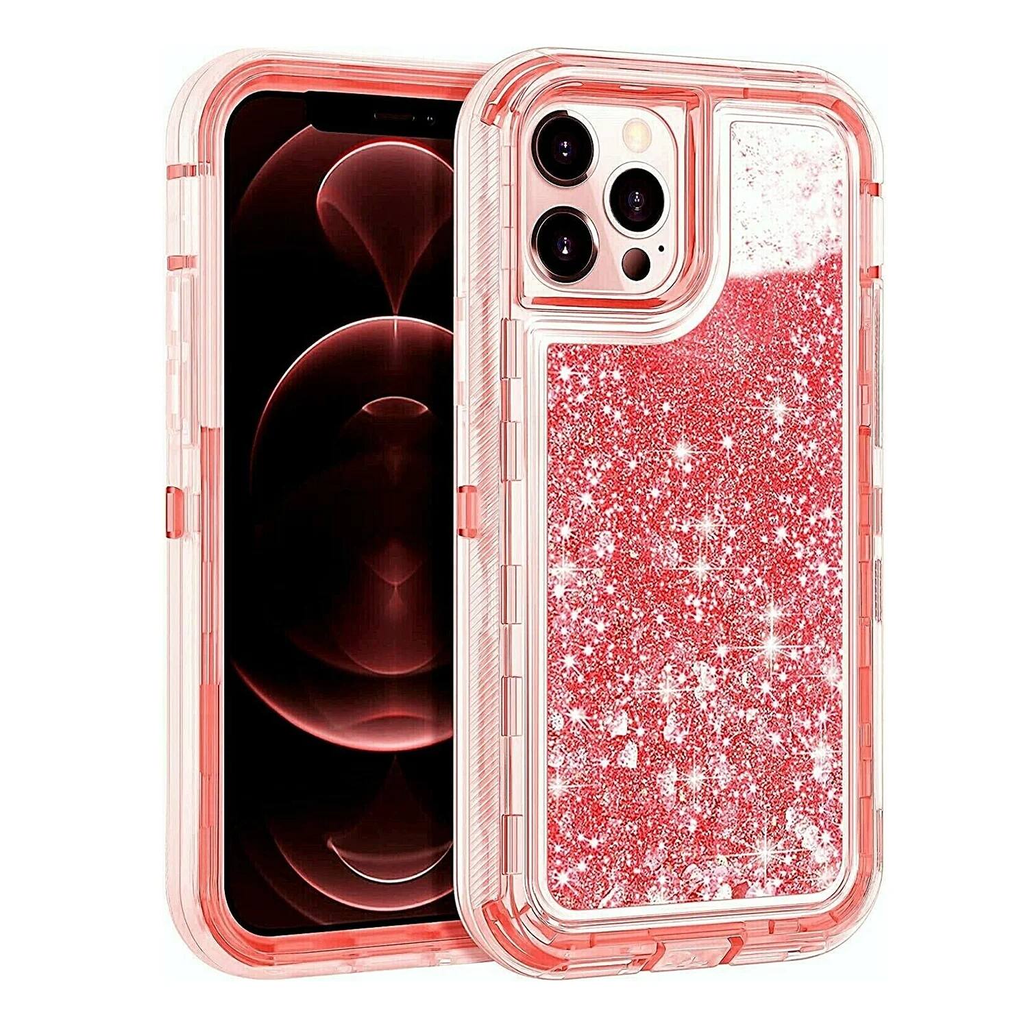 Entronix - iPhone 13 Pro Max Case - Liquid Glitter, Triple-Layer Heavy Duty Protection - Red