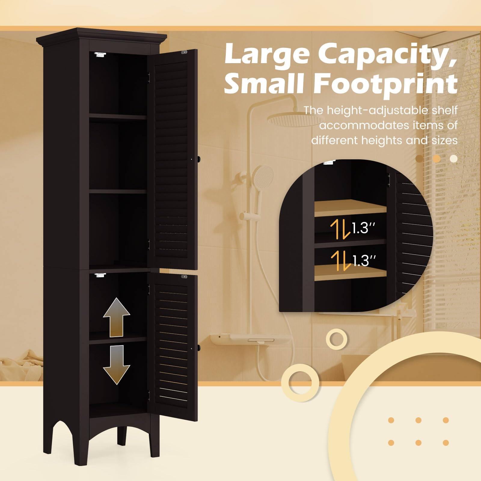Large Capacity, Small Footprint

The height-adjustable shelf accommodates items of different heights and sizes

1.3"
1.3"