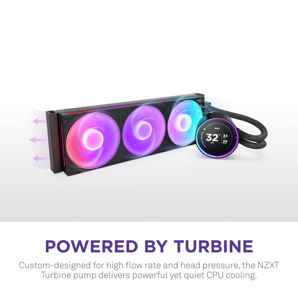 The text on the image reads: "Powered by Turbine. Custom-designed for high flow rate and head pressure, the NZXT Turbine pump delivers powerful yet quiet CPU cooling."