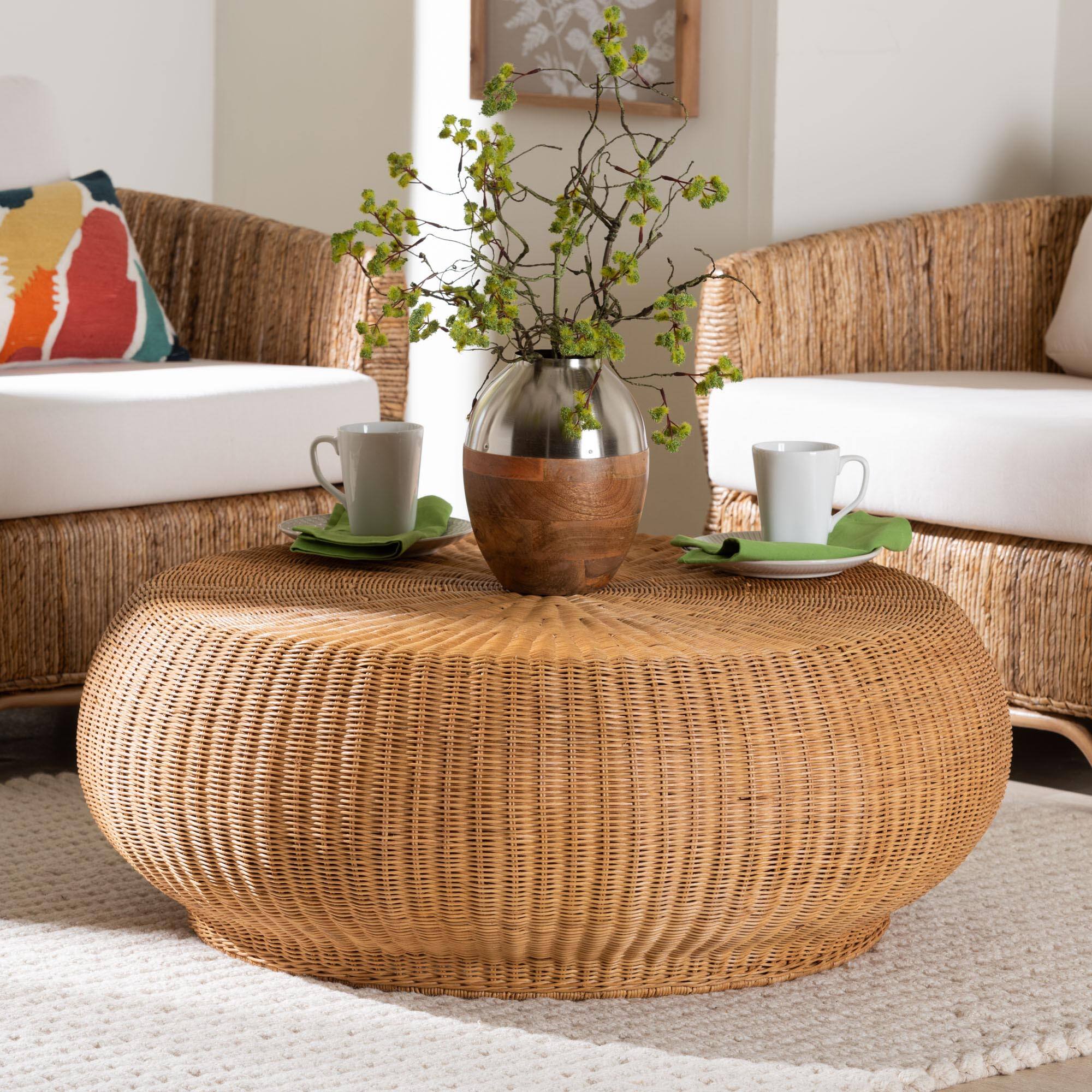 Alt View 1. bali & pari - Beatriz Natural Rattan Coffee Table : Handwoven Wicker Accent Table with Sculptural Drum Silhouette and Round Tabletop - Light Honey.