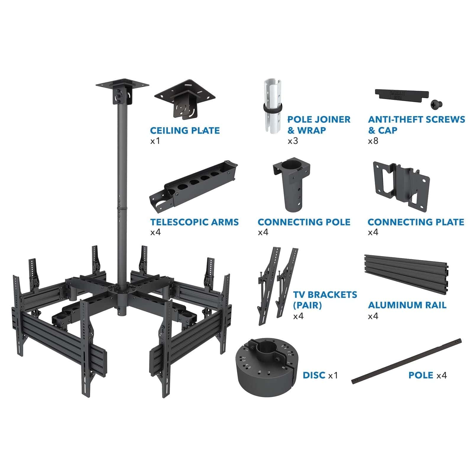 CEILING PLATE x1  
POLE JOINER & WRAP x3  
ANTI-THEFT SCREWS & CAP x8  
TELESCOPIC ARMS x4  
CONNECTING POLE x4  
CONNECTING PLATE x4  
TV BRACKETS (PAIR) x4  
ALUMINUM RAIL x4  
DISC x1  
POLE x4