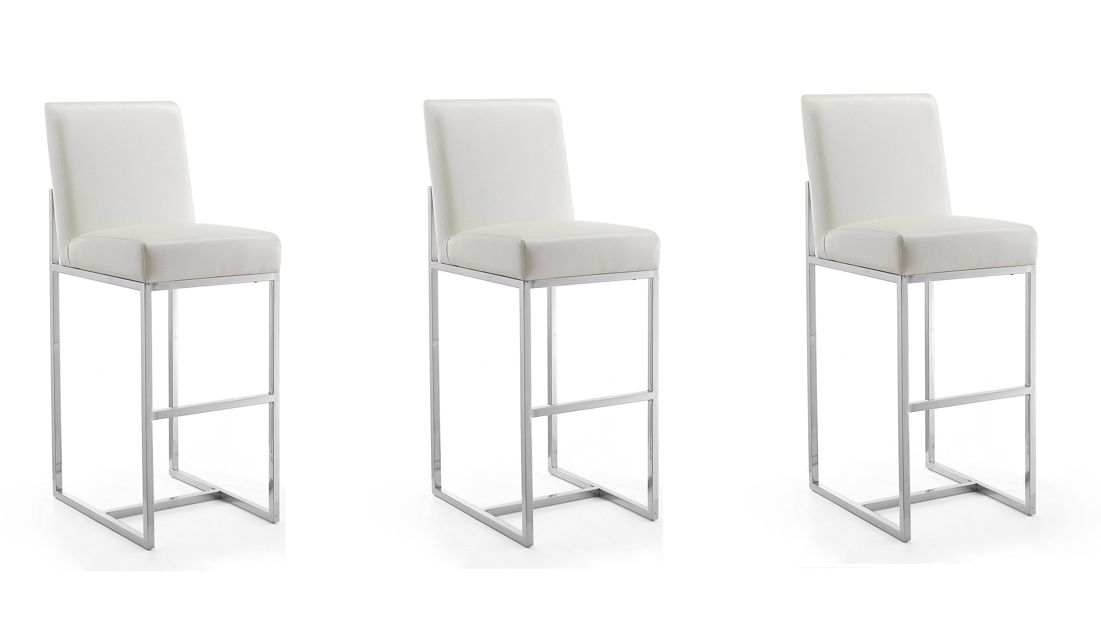 Manhattan Comfort - Element Modern Metal Upholstered Barstool - Set of 3 - Pearl White