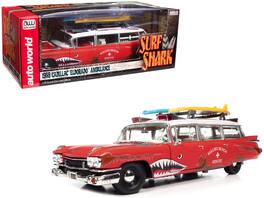 Autoworld - 1959 Cadillac Eldorado Ambulance Red White Top Malibu Beach Rescue Weathered Surfboards Surf Shark 1/18 - Red With White