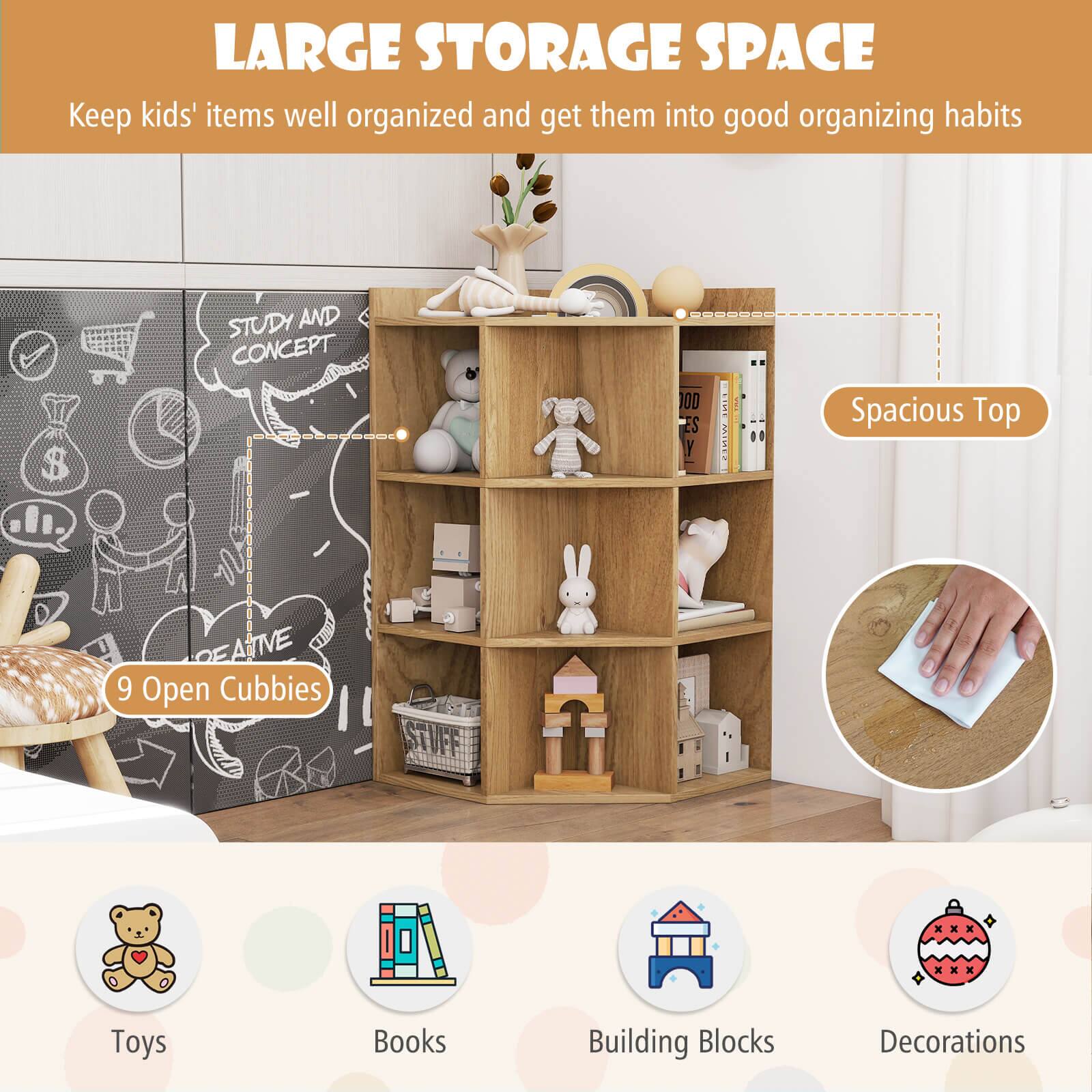 LARGE STORAGE SPACE  
Keep kids' items well organized and get them into good organizing habits  

STUDY AND CONCEPT  
00 ES y ETI 230022  

Spacious Top  

9 Open Cubbies  

Toys  
Books  
Building Blocks  
Decorations