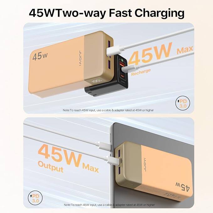 45W Two-way Fast Charging

45W Max
Recharge

Note: To reach 45W input, use a cable & adapter rated at 45W or higher

PD 3.0

Output 45W Max

Note: To reach 45W input, use a cable & adapter rated at 45W or higher