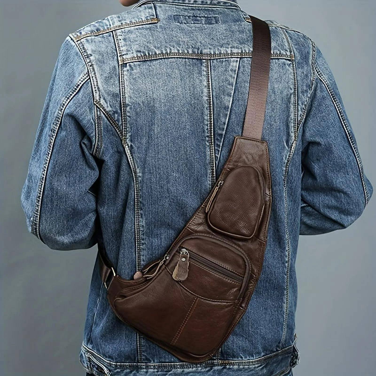 Left. Acteck - Leather Sling Bag Crossbody Backpack for Men Women Travel Outdoor Sports - Brown.