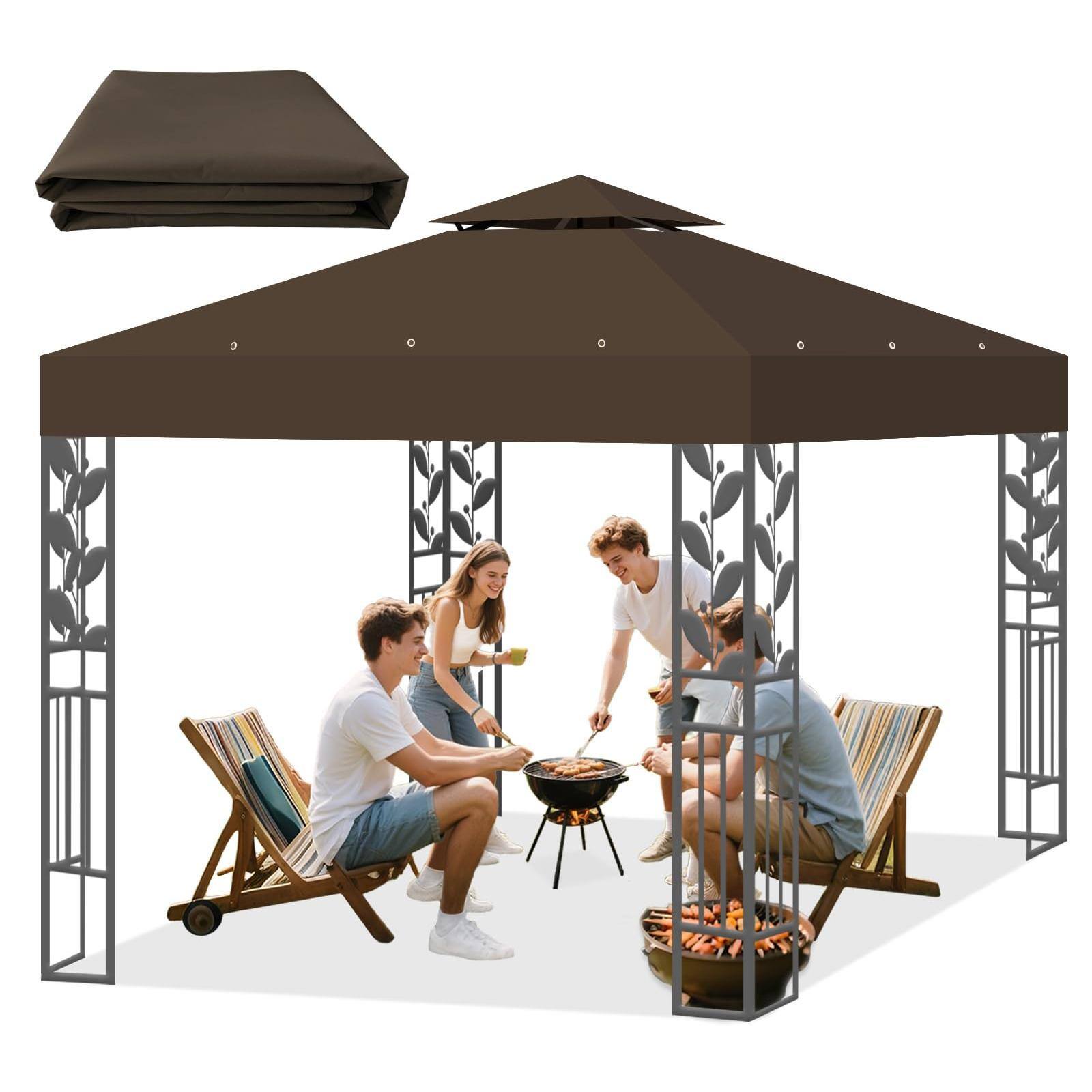 Paradigms Interiors - Gazebo Replacement Top Cover Roof Double Tiered With Air Vent For Outdoor Garden Patio Pavilion Sun Shade khak - Coffee