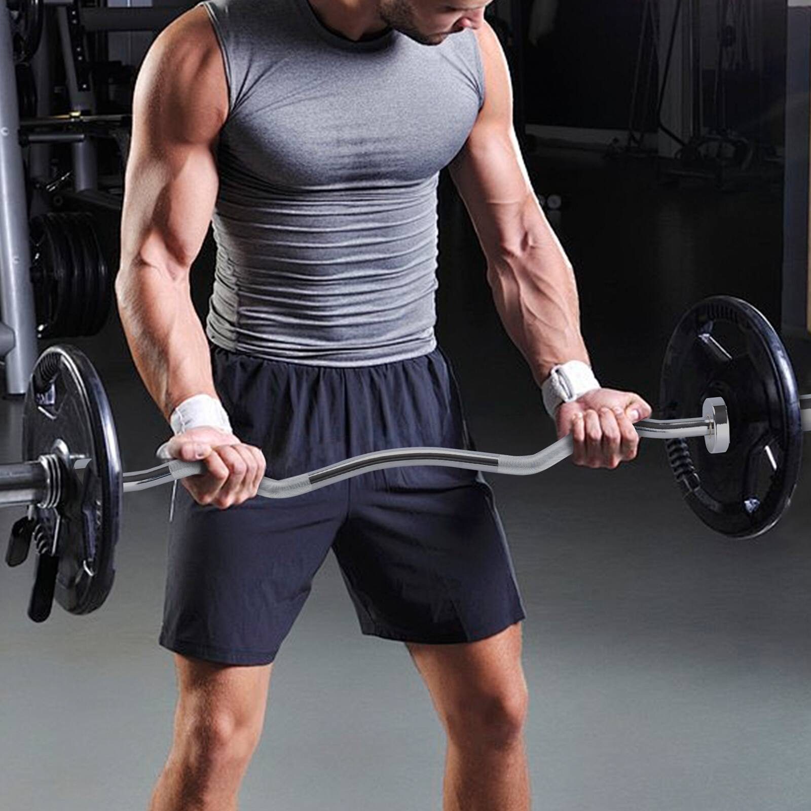 Angle. TROPOW - Silver 47" Olympic EZ Curl Barbell Bar - 500-LBS Capacity Olympic Bar  - silver.