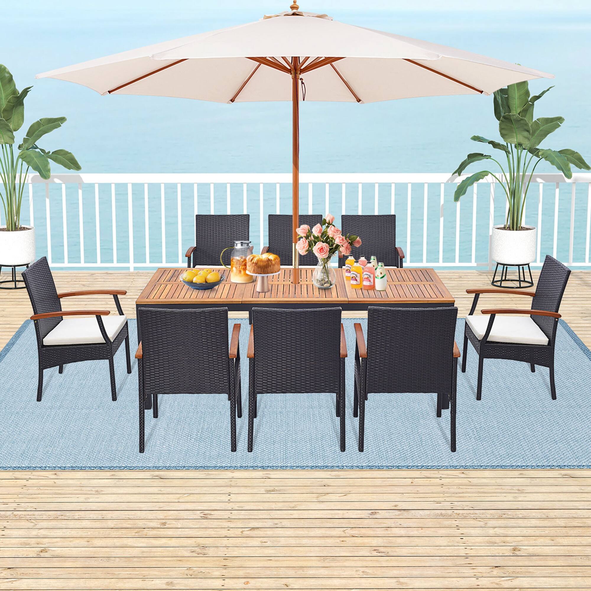 Angle. Costway - 9 PCS Patio Rattan Dining Set with Acacia Wood Table, Cushions, 1.9" Umbrella Hole - Mix Brown + Off White.
