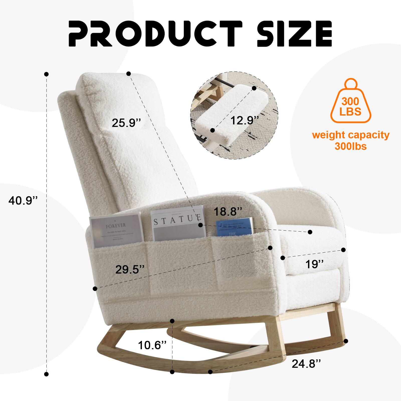 PRODUCT SIZE

- 40.9" (width)
- 25.9" (height)
- 29.5" (depth)
- 10.6" (seat height)
- 24.8" (leg height)
- 18.8" (armrest height)
- 19" (seat width)
- 12.9" (backrest width)

weight capacity: 300 LBS (300lbs)