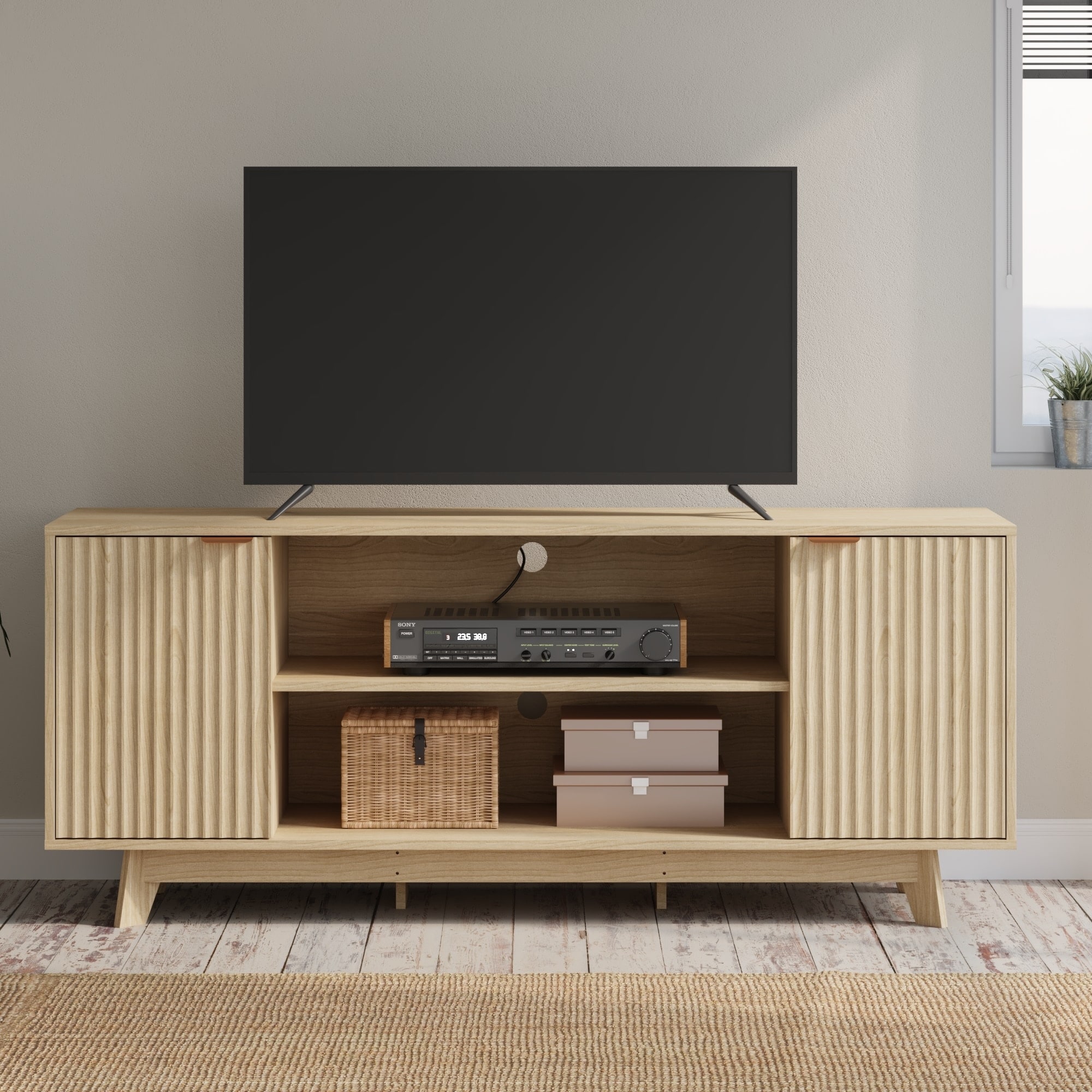 U-HOMY - 59" Fluted Door TV Stand with Open Shelves, 2-Tier Media Console & Storage Cabinet for TVs up to 65 Inch - Wood