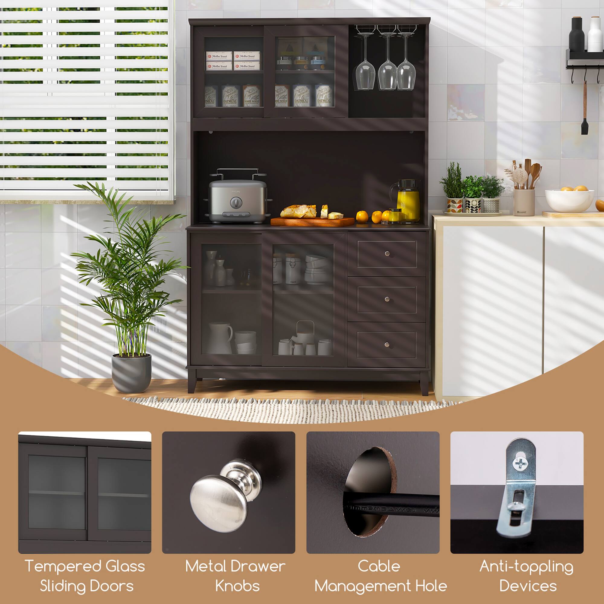 - Tempered Glass Sliding Doors
- Metal Drawer Knobs
- Cable Management Hole
- Anti-toppling Devices