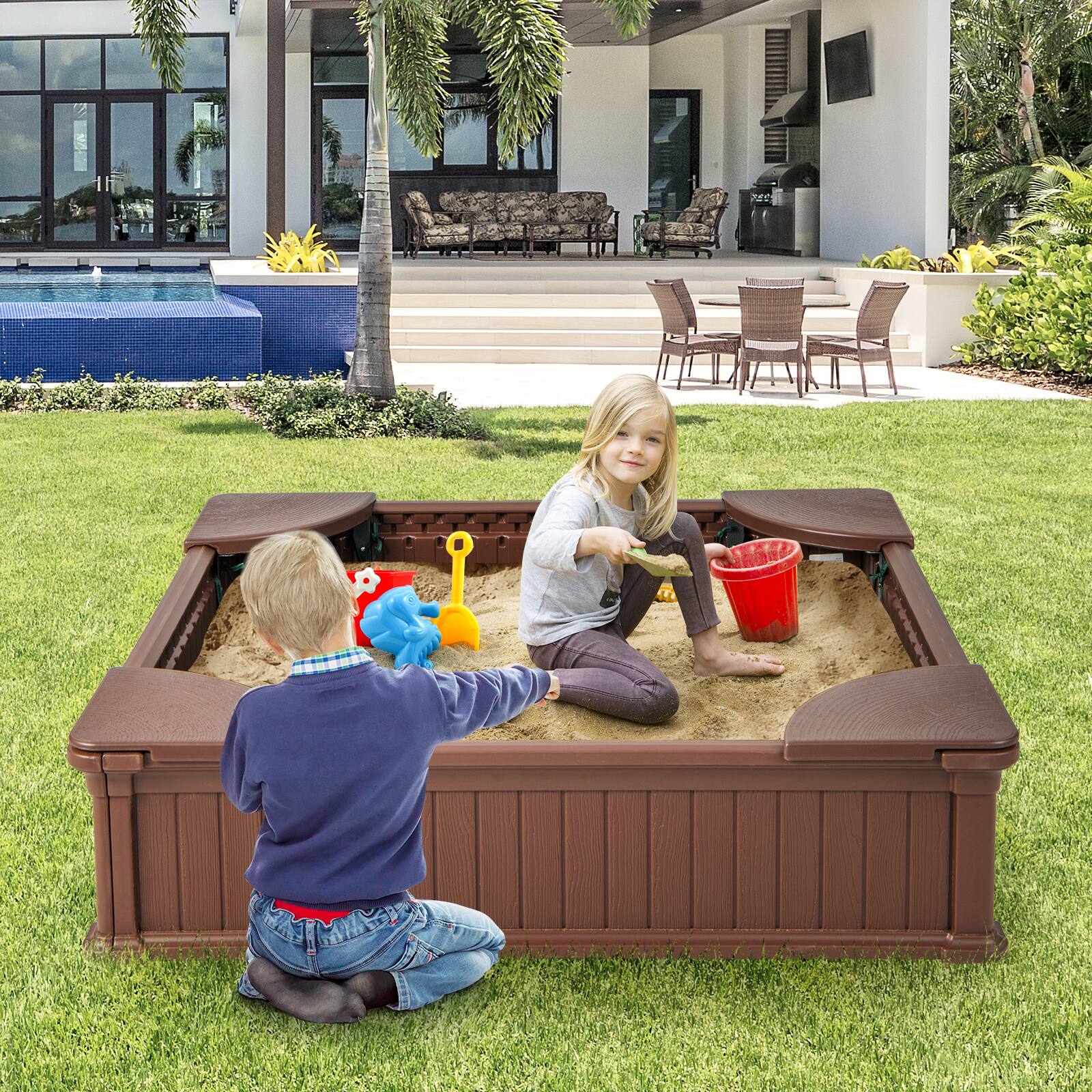 Alt View 1. Costway - Costway Kids Outdoor Sandbox 48.5" x 48.5" x 12.5" Large HDPE Sandpit with Oxford Cover - Brown.