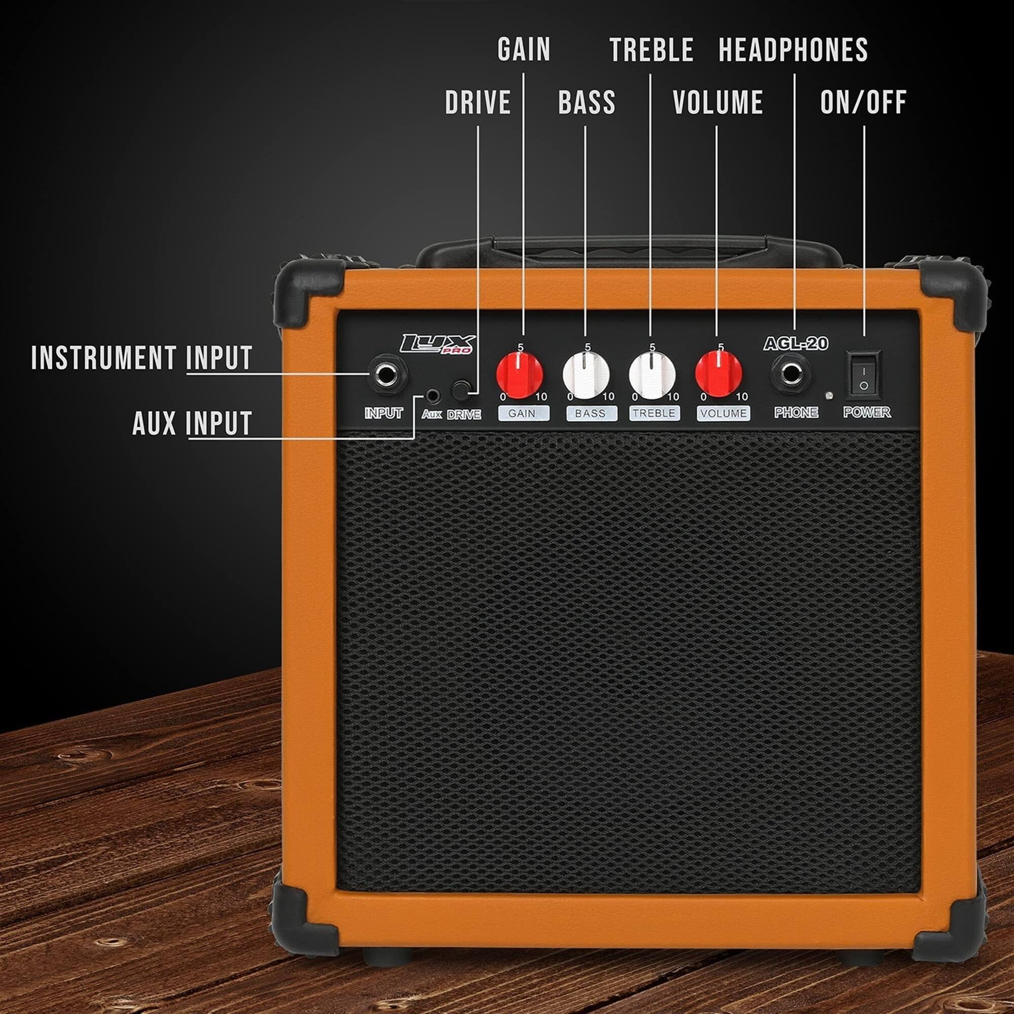 GAIN, TREBLE, HEADPHONES, DRIVE, BASS, VOLUME, ON/OFF, INSTRUMENT INPUT, AUX INPUT
