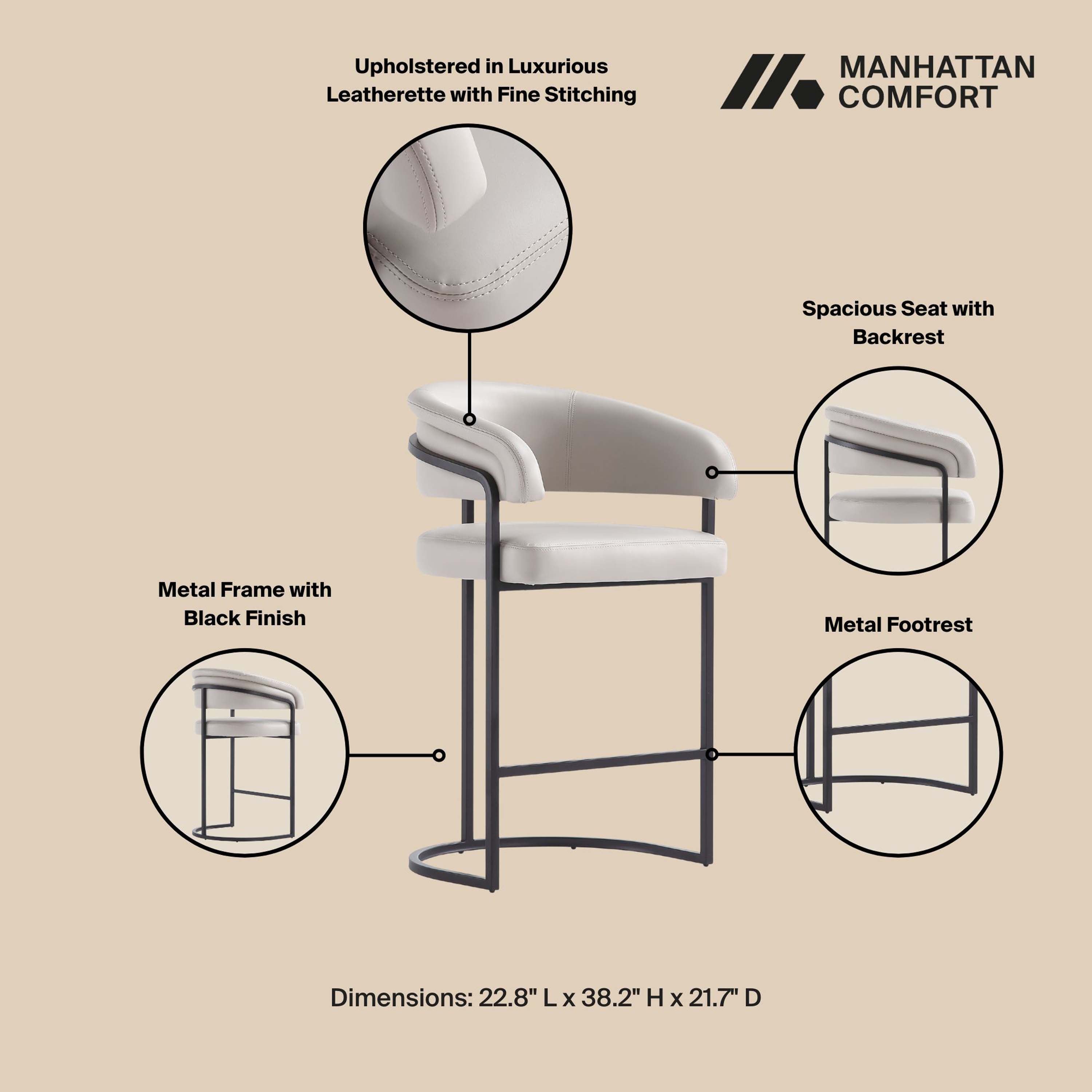 Upholstered in Luxurious Leatherette with Fine Stitching

MANHATTAN COMFORT

Spacious Seat with Backrest

Metal Frame with Black Finish

Metal Footrest

Dimensions: 22.8" L x 38.2" H x 21.7" D