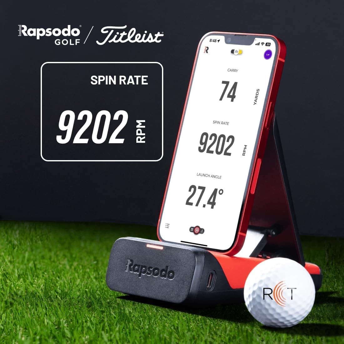 I Rapsodo / Titleist GOLF 9202 RPM SPIN RATE 9202 RPM CARRY 74 SPIN RATE 9202 RPM LAUNCH ANGLE 27.4 YARDS Rapsodo Iusduyl R T A