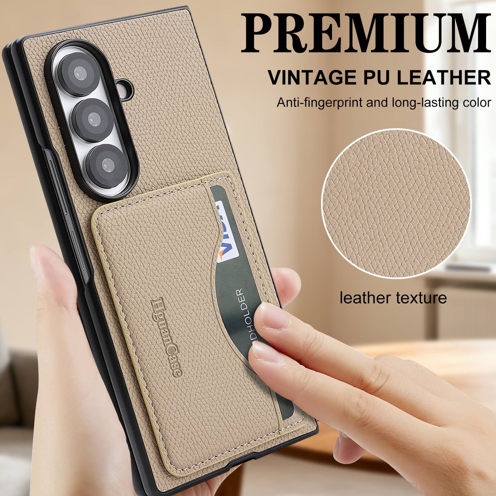 PREMIUM  
VINTAGE PU LEATHER  
Anti-fingerprint and long-lasting color  

HguanCase  
DHOLDER  
leather texture