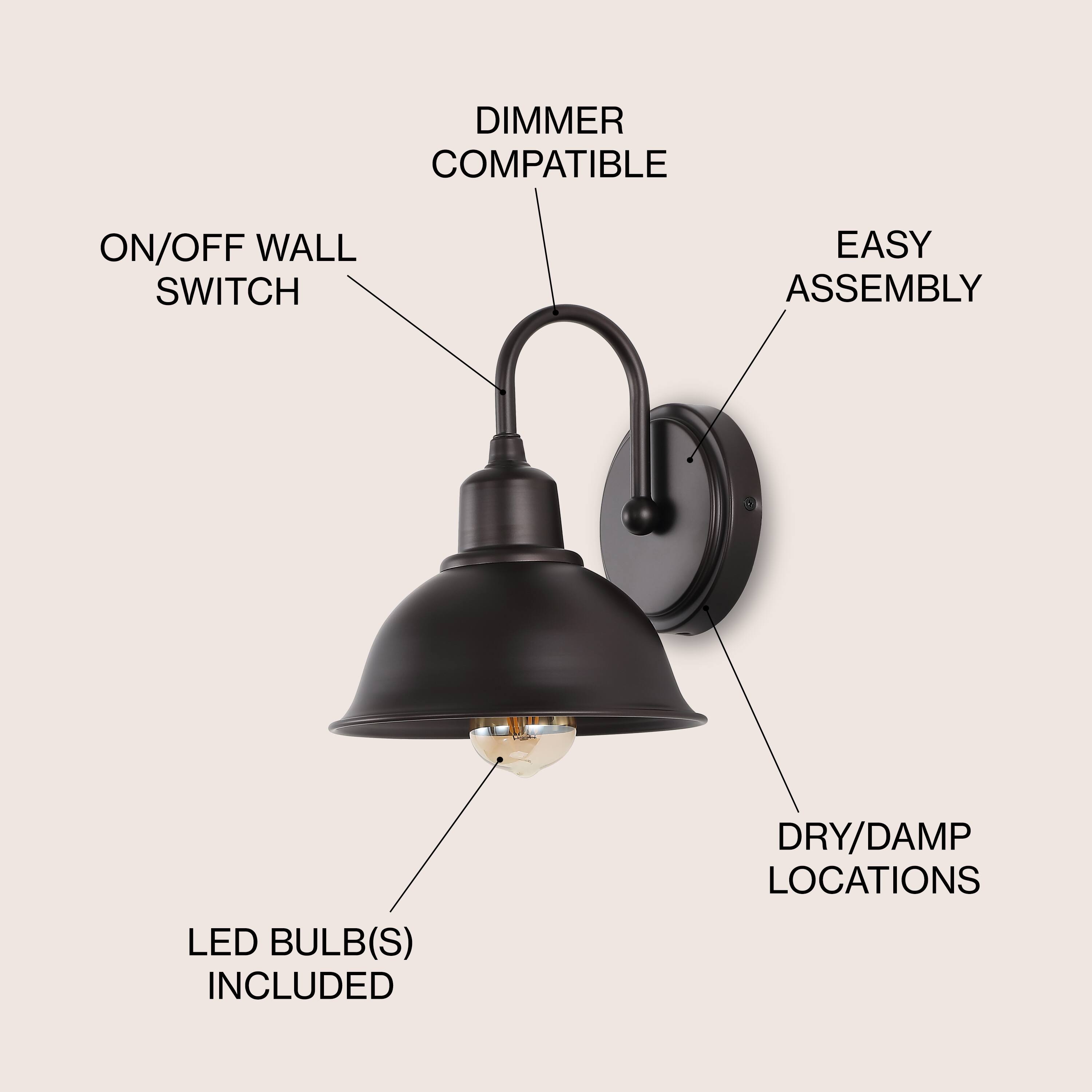 DIMMER COMPATIBLE  
ON/OFF WALL SWITCH  
EASY ASSEMBLY  
LED BULB(S) INCLUDED  
DRY/DAMP LOCATIONS