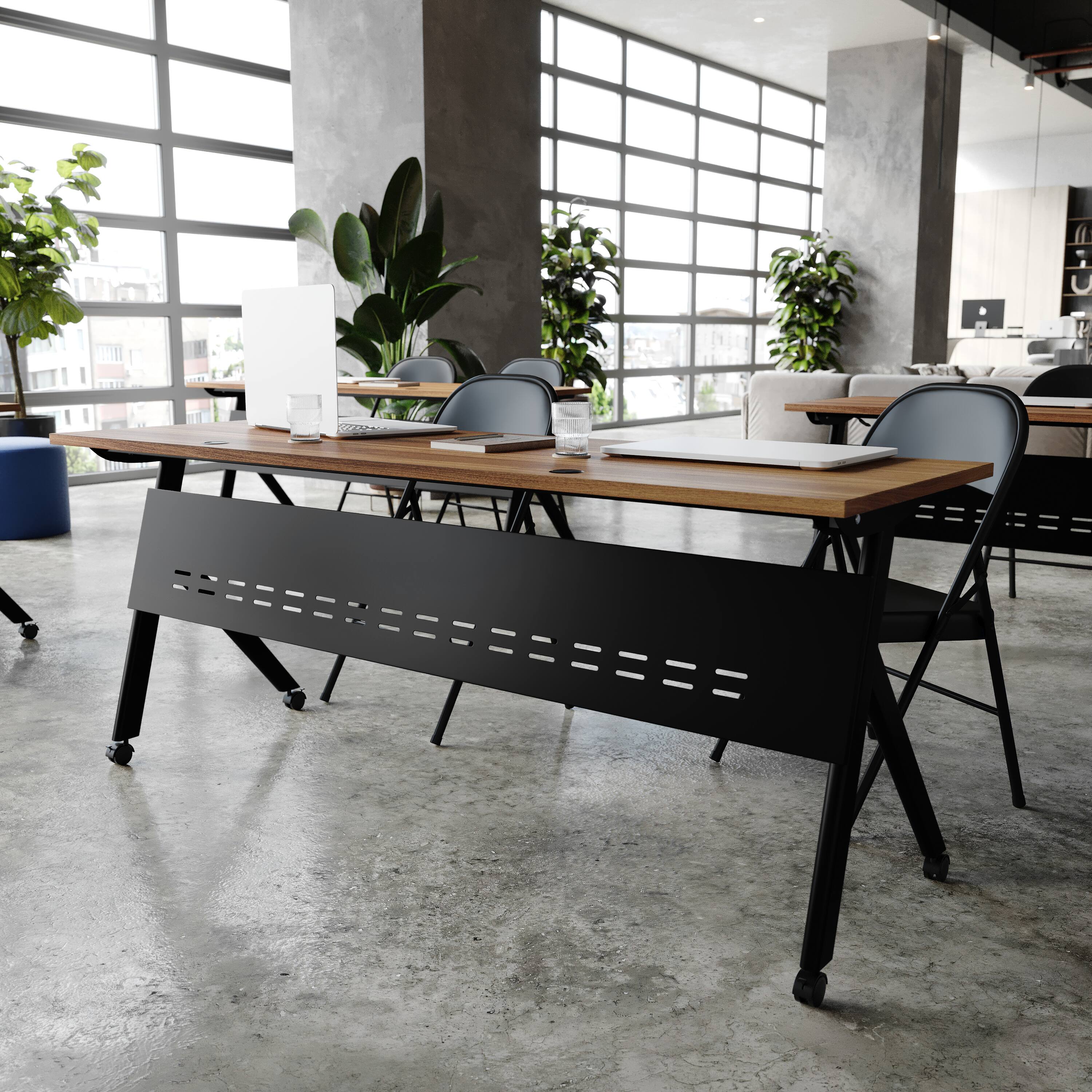 Alt View 1. Flash Furniture - Davis Commercial Grade 72" x 24" Heavy-Duty Nesting Flip Training Table with Y-Legs, Modesty Panel, 1" Thick Walnut Tabl - Brown.