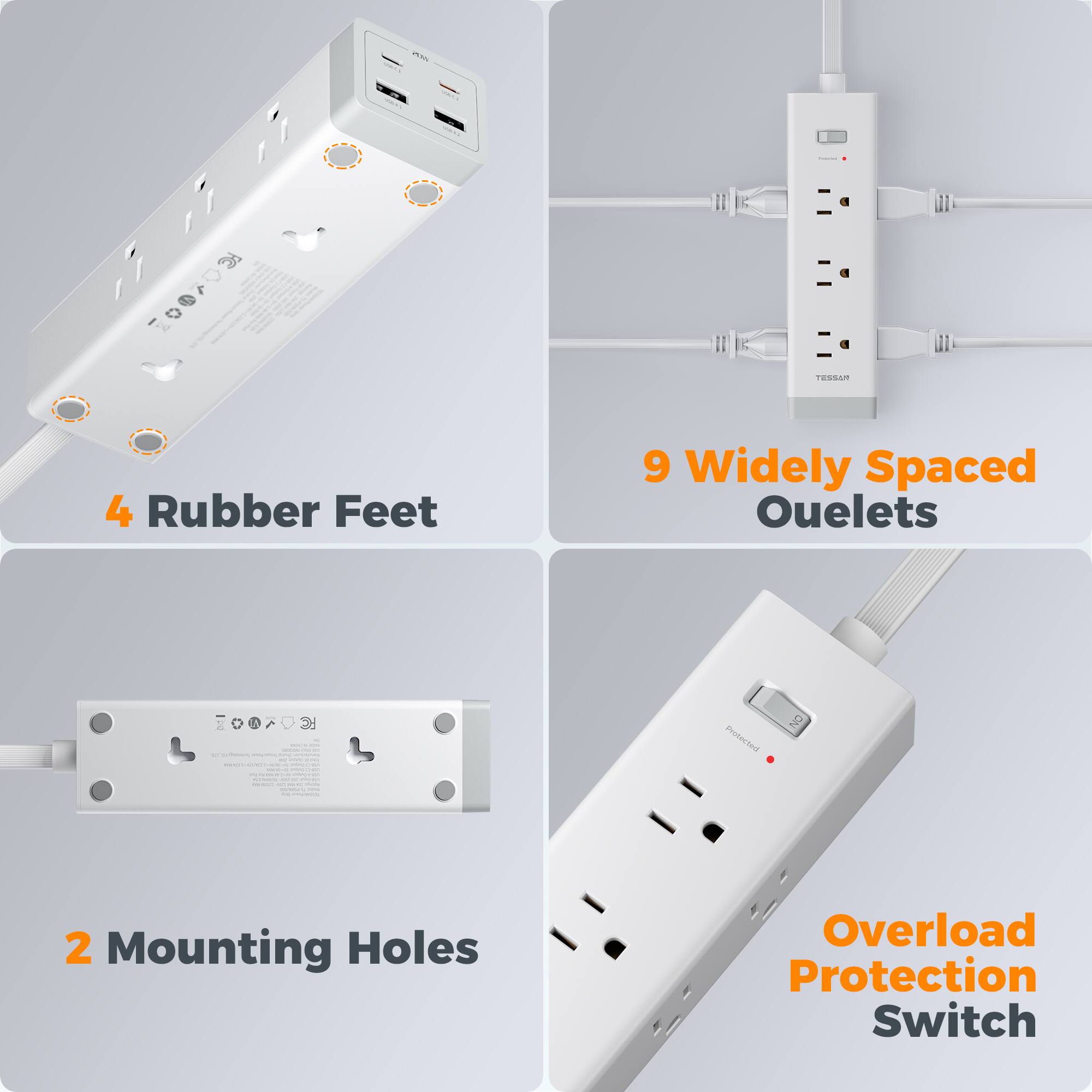 - 4 Rubber Feet
- 9 Widely Spaced Outlets
- 2 Mounting Holes
- Overload Protection Switch