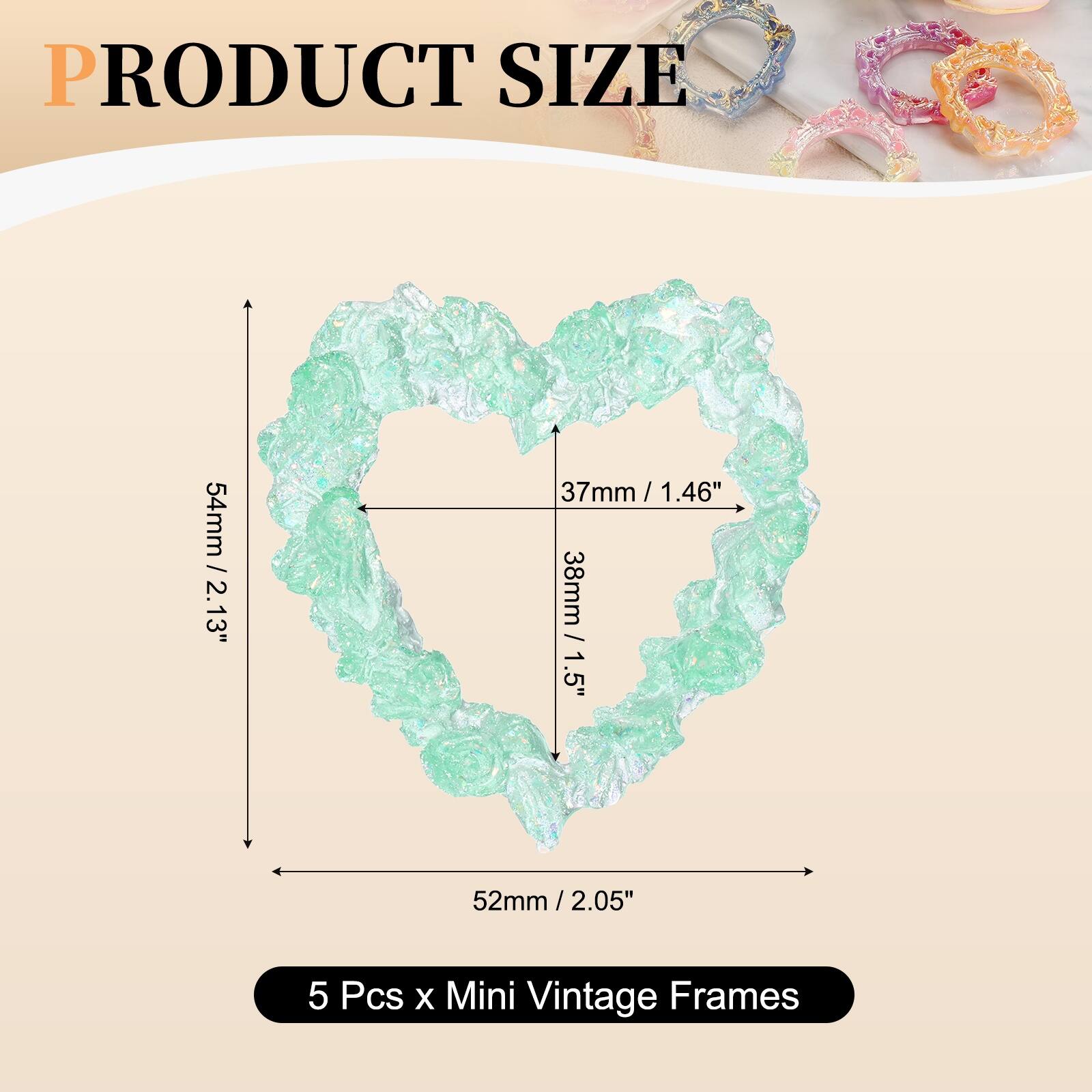 PRODUCT SIZE

54mm / 2.13"  
37mm / 1.46"  
38mm / 1.5"  
52mm / 2.05"  

5 Pcs x Mini Vintage Frames