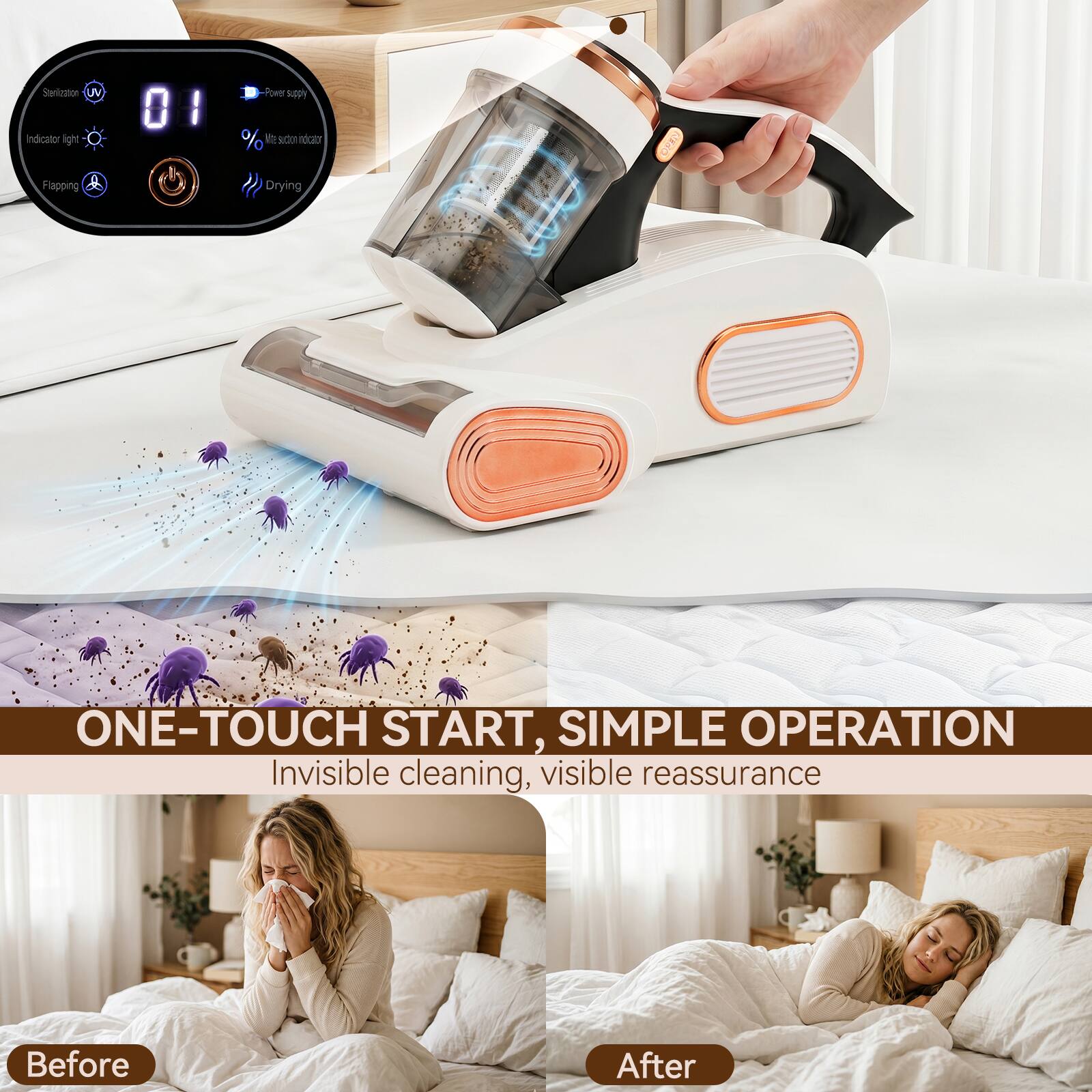 Sanitization UV Power Supply Indicator light Flapping % Moisture Indicator Drying ONE-TOUCH START, SIMPLE OPERATION Invisible cleaning, visible reassurance Before After